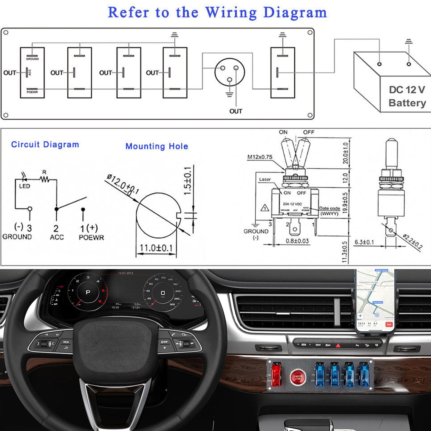Jtron dc12v flip-up Ignition Switch Panel,5 in 1 car Engine Start Push Button led Toggle Switch Panel for Racing Sport Competitive car (4 Blue 1 Red)