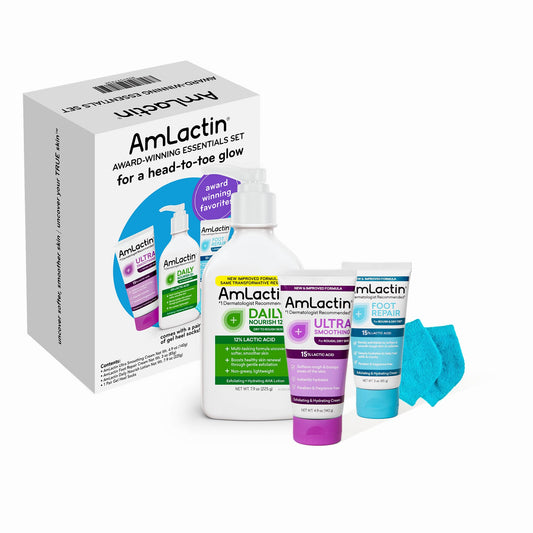 AmLactin Award-Winning Essentials Skin Care Set - Daily Nourish 12% Lotion, Ultra Smoothing Cream, Foot Repair Cream & Moisturizing Socks - Lactic Acid Moisturizer Gift Set for Whole-Body Skin Renewal