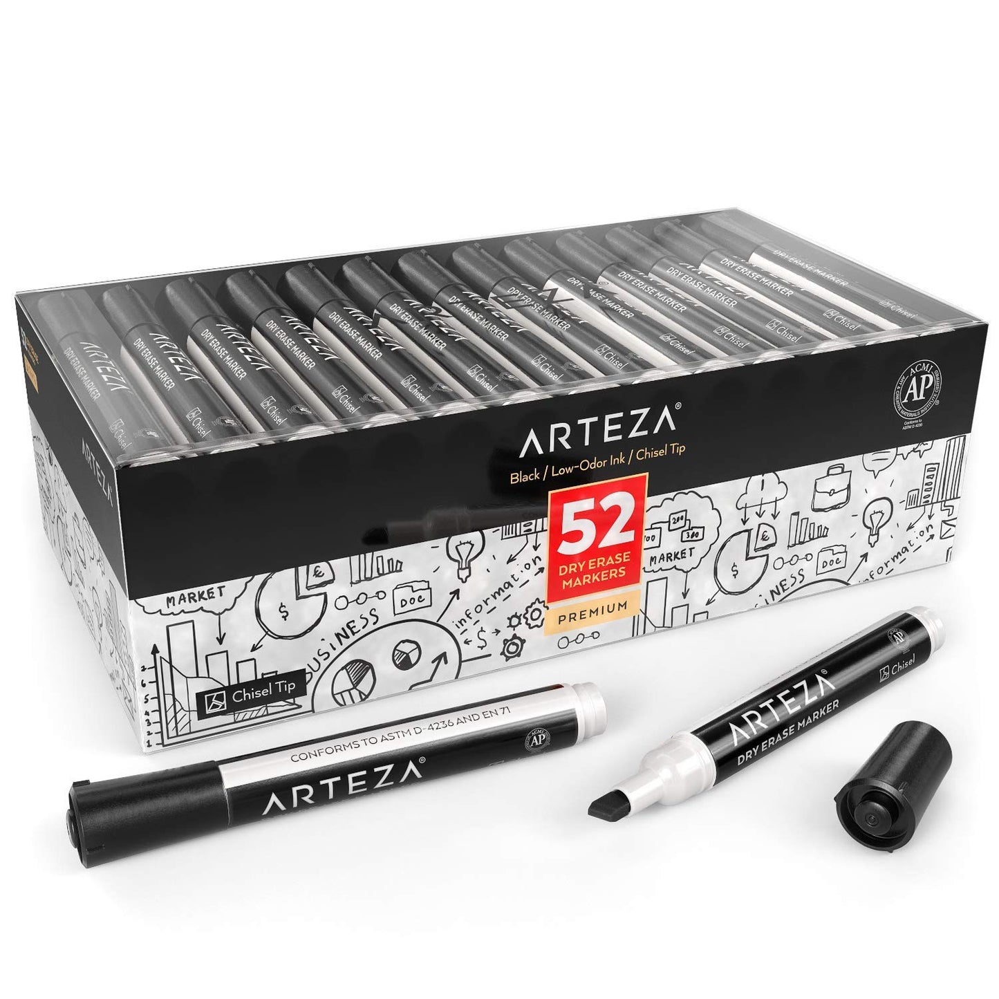 ARTEZA Black Dry Erase Markers, 52 Pack, Low-Odor Chisel Tip Whiteboard Markers, Bulk Black Markers for Whiteboards, Glass, Plastic, Offices, Meeting Rooms, and Planning Boards