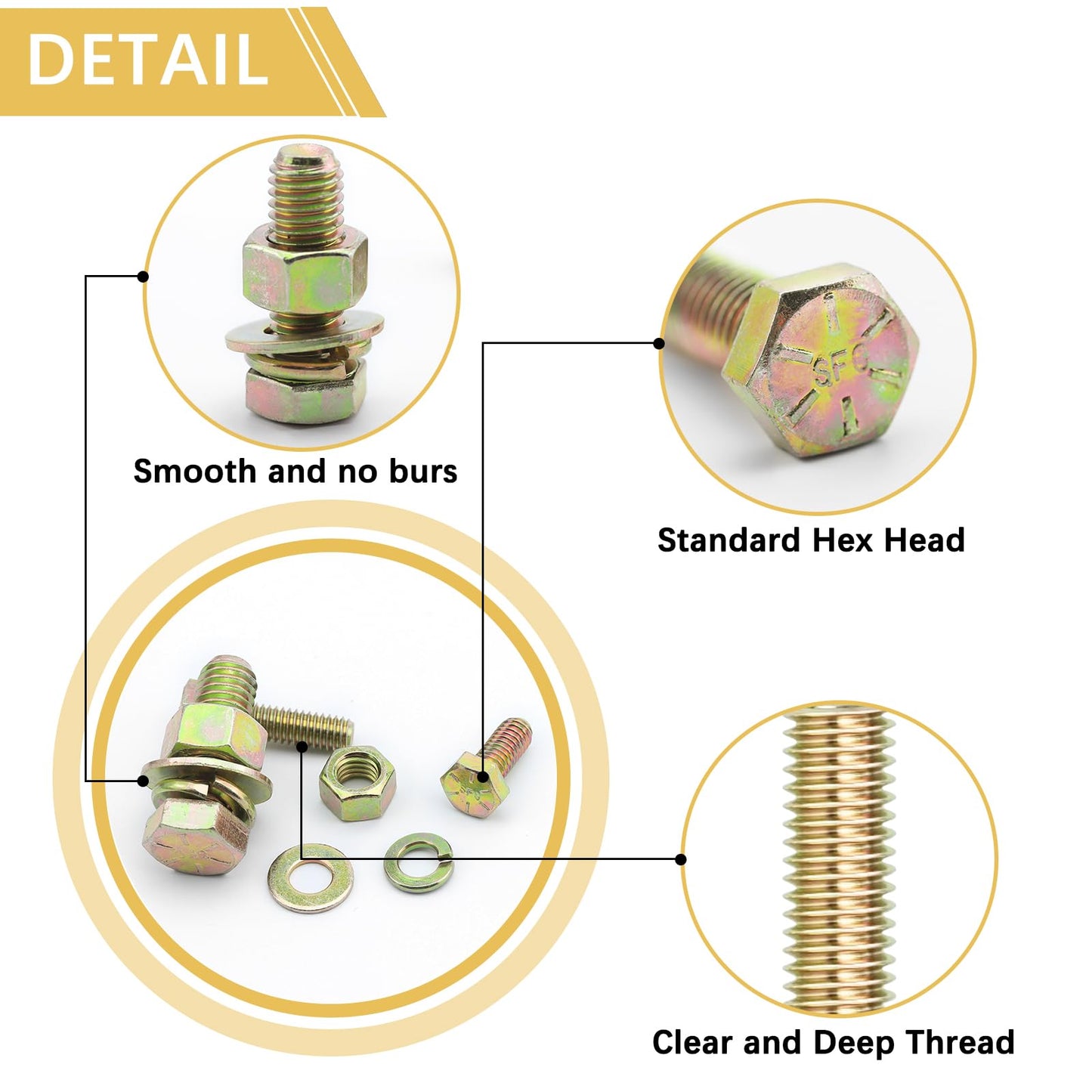 610 PCS Grade8.8 SAE Bolt and Nut Assortment,1/4 5/16 3/8 1/2 Heavy Duty Hex Head Bolts and Nuts Kit with Yellow Zinc Plated, Includes 18 Common Size,Length from 11-65mm