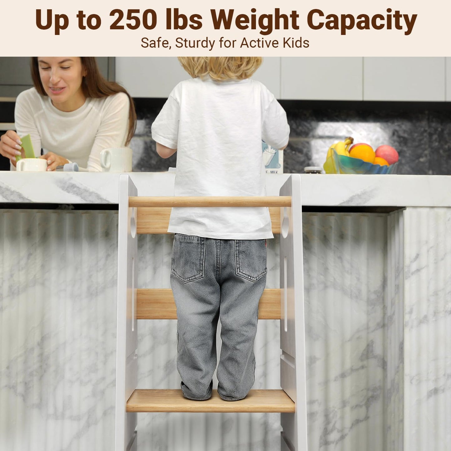 COSYLAND 3 Levels Adjustable Toddler Standing Tower - 33.5IN/85CM Stable Kids Kitchen Step Stool with Protective Crossbar - Wooden Toddler Kitchen Stool Helper(White & Natural)
