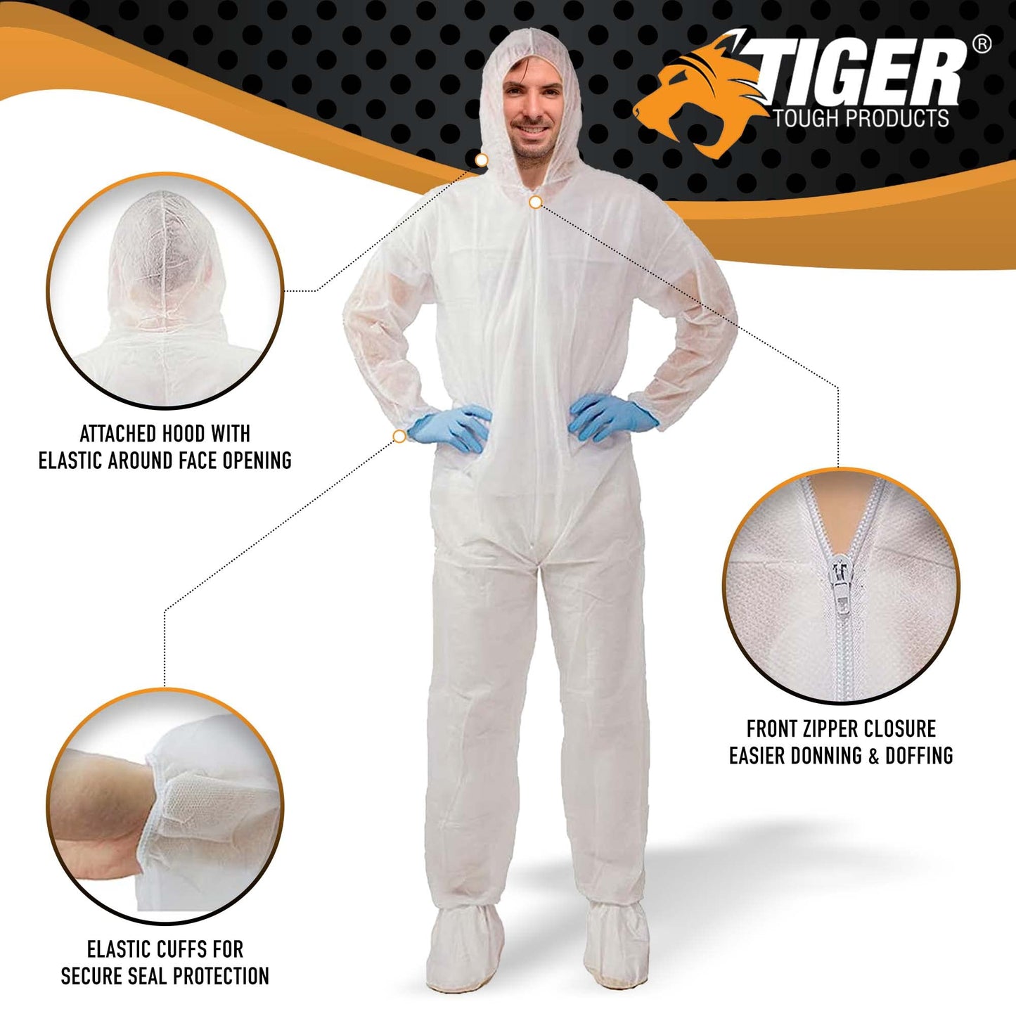 Tiger Tough Products Hazmat Suits Disposable Coverall - Breathable & Comfortable Disposable Coveralls for Men, Large, 25-Pack