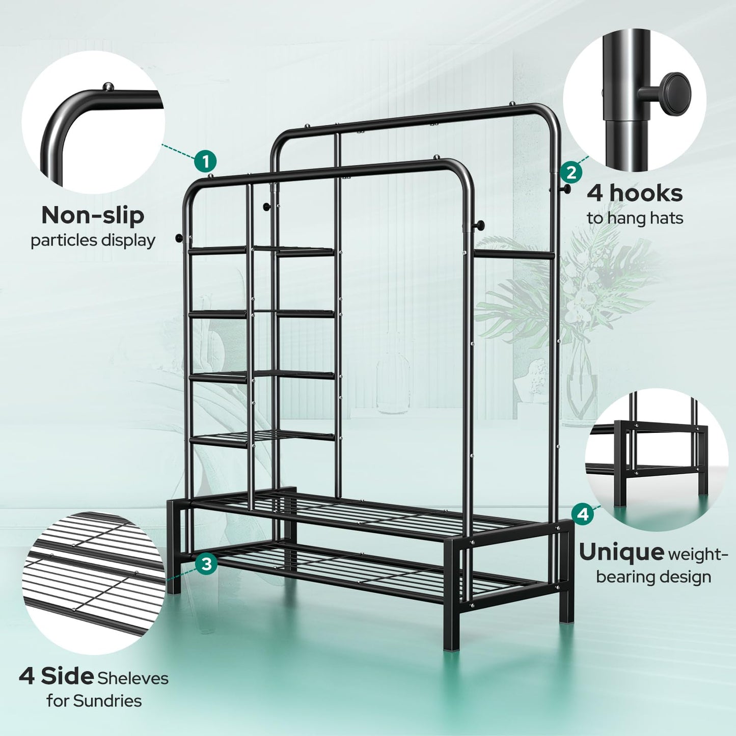 ZHKINGGS Clothes Rack, Double Rods Clothing Rack with 2 Bottom Shelves & 4 Side Shelves, Metal Garment Rack for Hanging Clothes, Heavy Duty Clothes Rack for Bedroom, Laundry, Living Room, Black