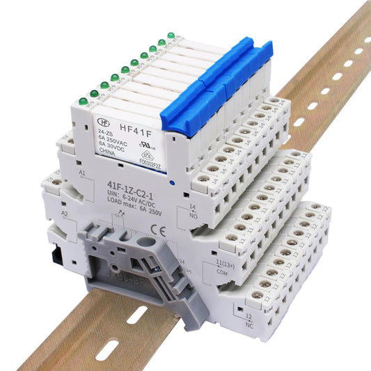 (10Pcs) 24V Relay Din Rail;Silm;Signal Relay for PLC;24VDC and 24VAC Both;HF41F/24-ZS 5 Pin 1NO 1NC 6A SPDT with LED Indicator with Socket Base;Max 6A 250VAC;24 Coil dc/ac