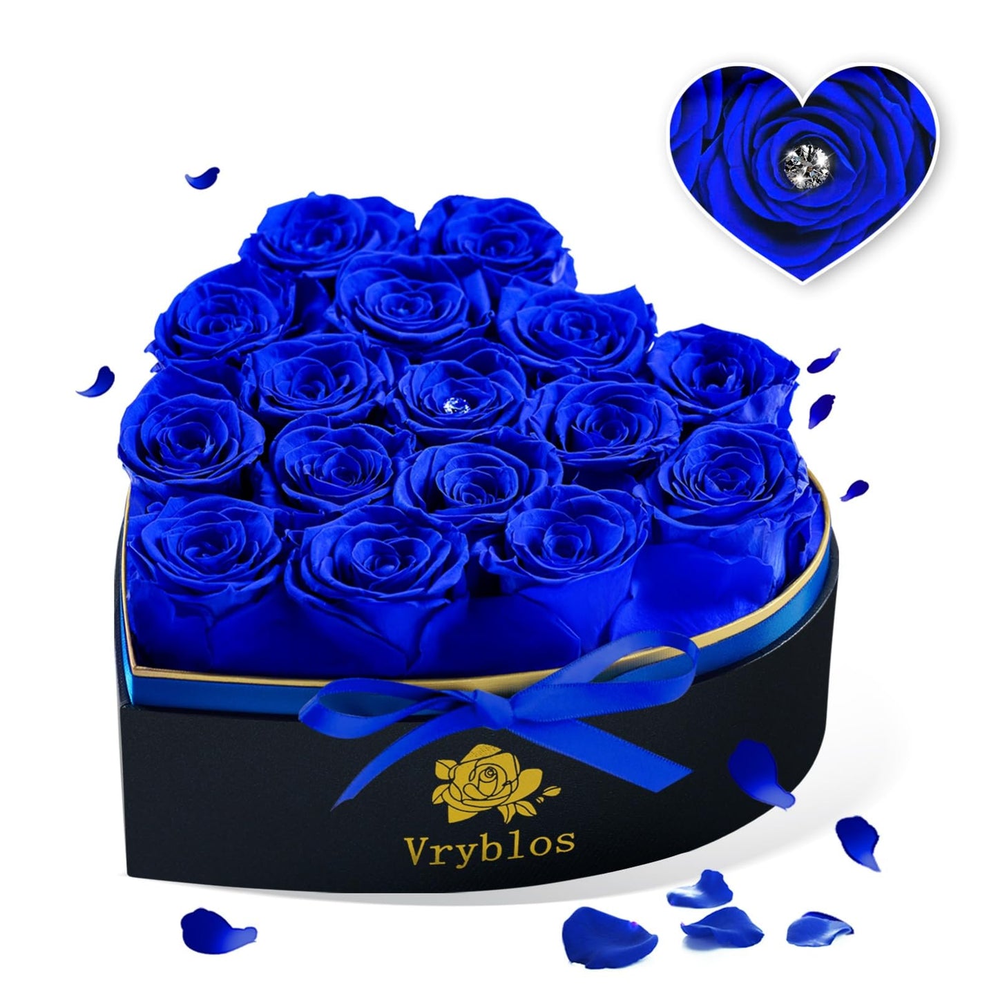 Vryblos Forever Blue Roses in a Box Heart Shaped 16 Preserved Flowers for Delivery Grade A Quality 100% Real Immortal Flower Eternal Birthday for Her Mom Women Wife Girlfriends (Heart-Blue)