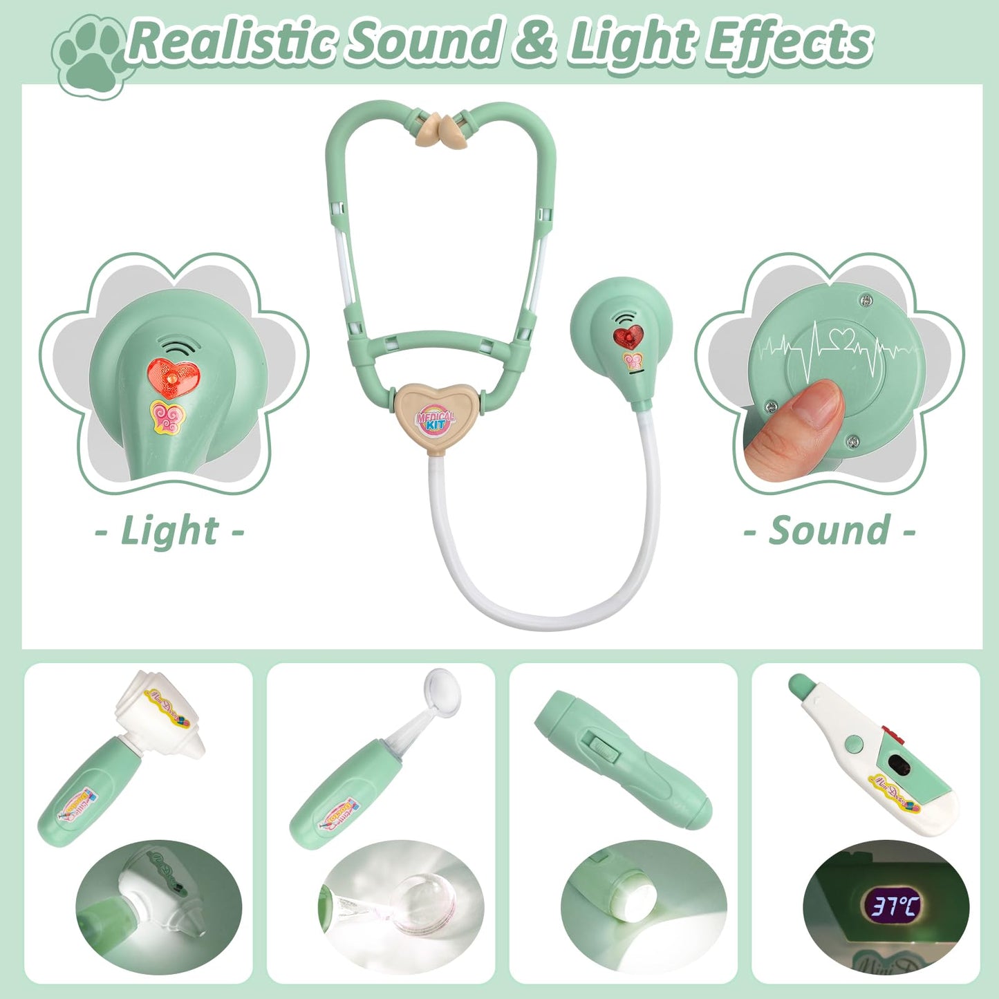 Liberry Doctor Kit for Toddlers 3 4 5 6 Years Old, 26 Pcs Kids Doctor Playset with Dog Toy, Stethoscope and Dress Up Costume, Pretend Play Medical Gift for Girls (Green)
