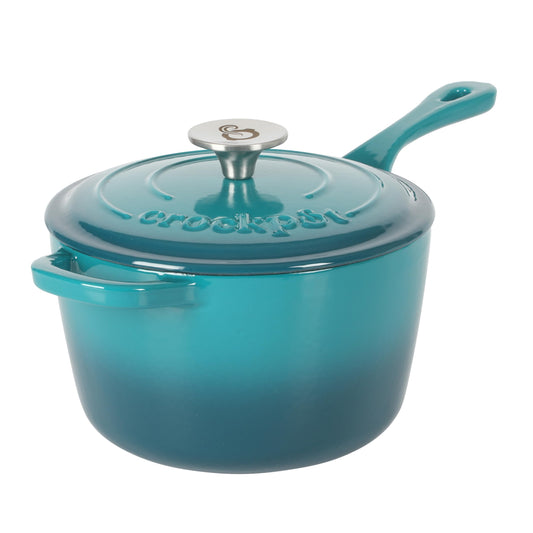 Crock-Pot 3-Quart Teal Ombre Enamel Cast Iron Saucepan with Lid – Durable Oven Safe Cookware