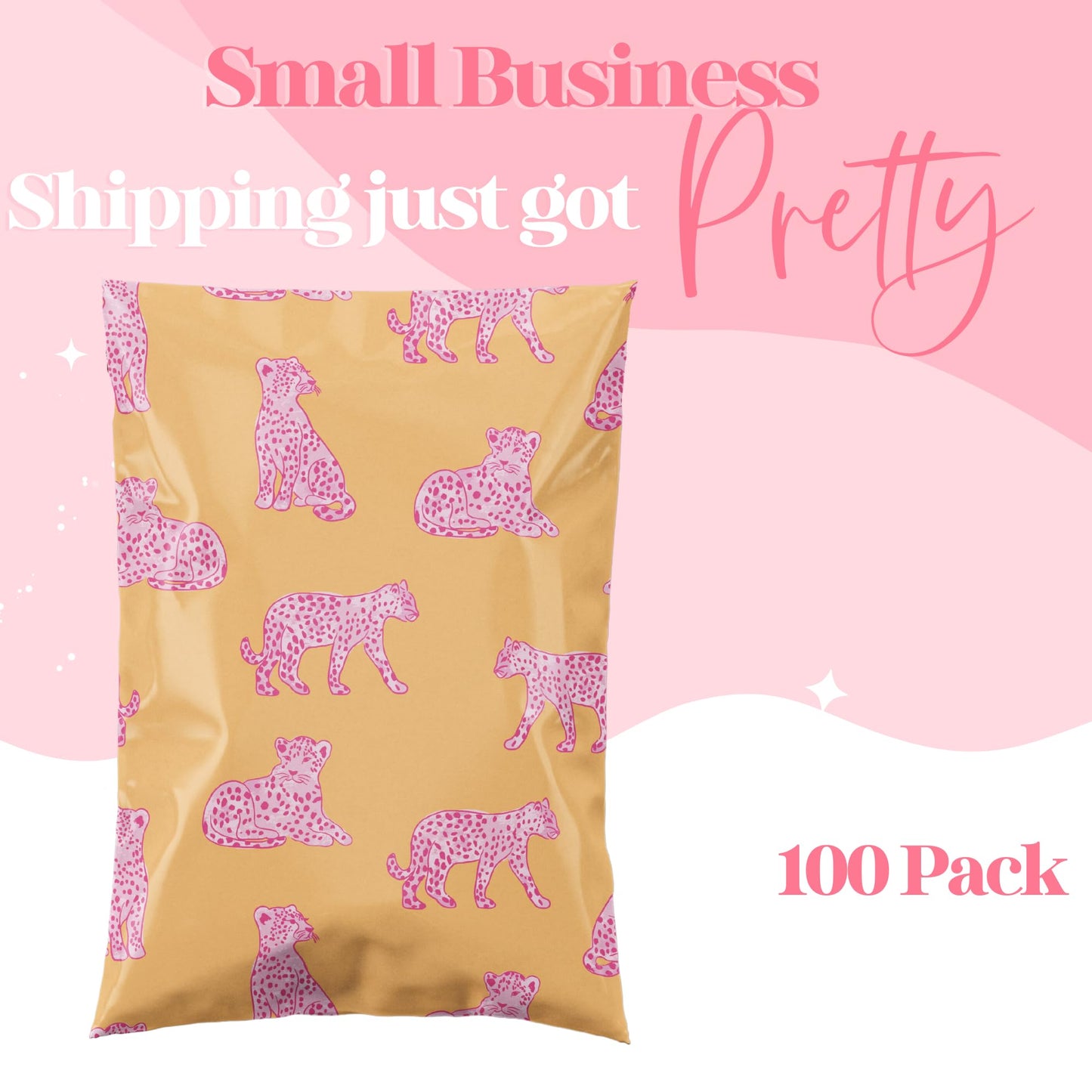 Pretty Package Store 14.5x19 Designer Poly Mailer 100 Pack Heavy Duty Waterproof Self Seal Shipping Bags for Small Business Large Mailing Envelopes Bulk Tear Resistant Packaging Pink Orange Leopard
