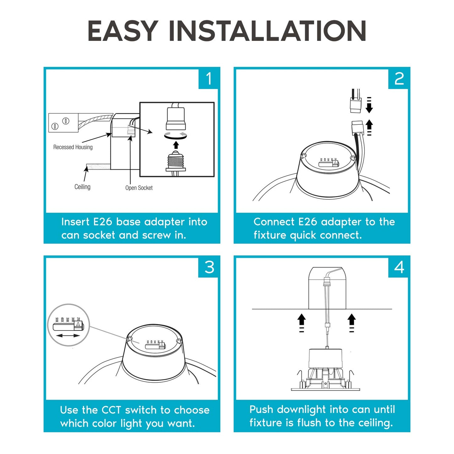 LUXRITE 4 Inch Square Recessed LED Can Lights, Color Temperature Selectable 2700K | 3000K | 3500K | 4000K | 5000K, Dimmable Recessed Lights, 750 Lumens, Energy Star, Wet Rated, Baffle Trim (4 Pack)