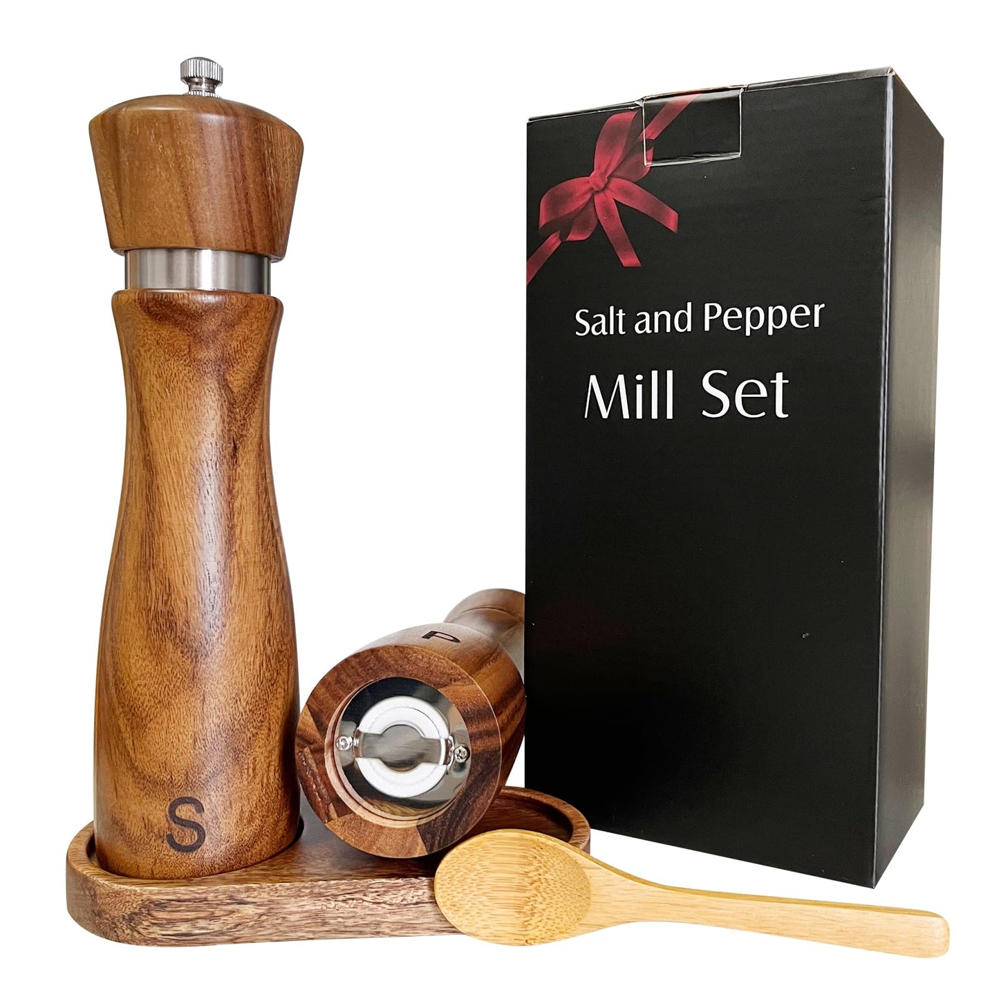 Wooden Salt and Pepper Grinder Set:Pepper Grinder Manual,Adjustable Coarseness,Crafted of Acacia Wood with Ceramic/Stainless Steel Core|Along with Salt&Pepper Mill Tray,Spoon,8in,2pack