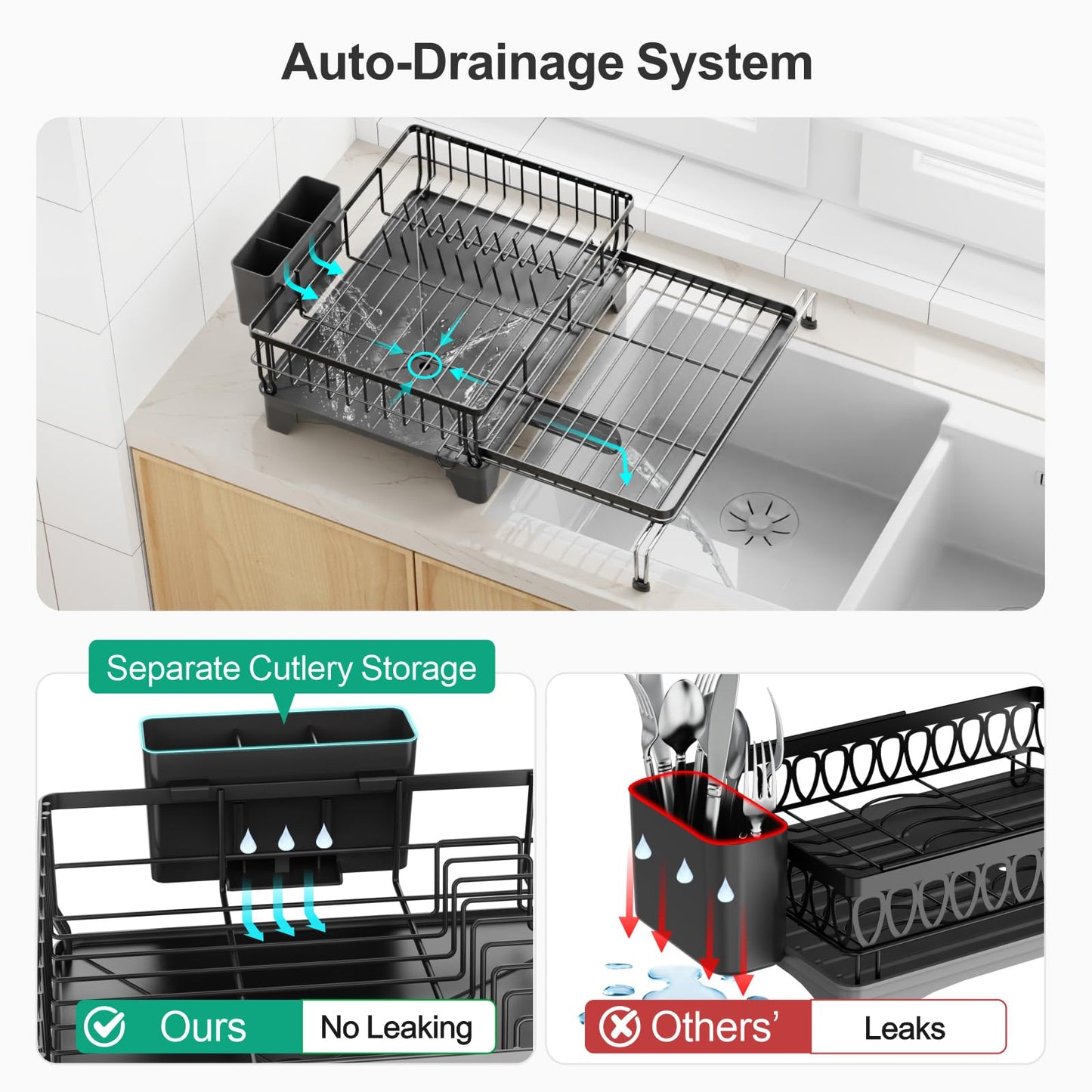 GSlife Extendable Dish Drying Rack - Large 2-in-1 Dish Racks for Kitchen Counter or Over Sink, Anti-Rust Dish Drainer with Drainboard, 2 Pan Slots and Utensil Holder, Black