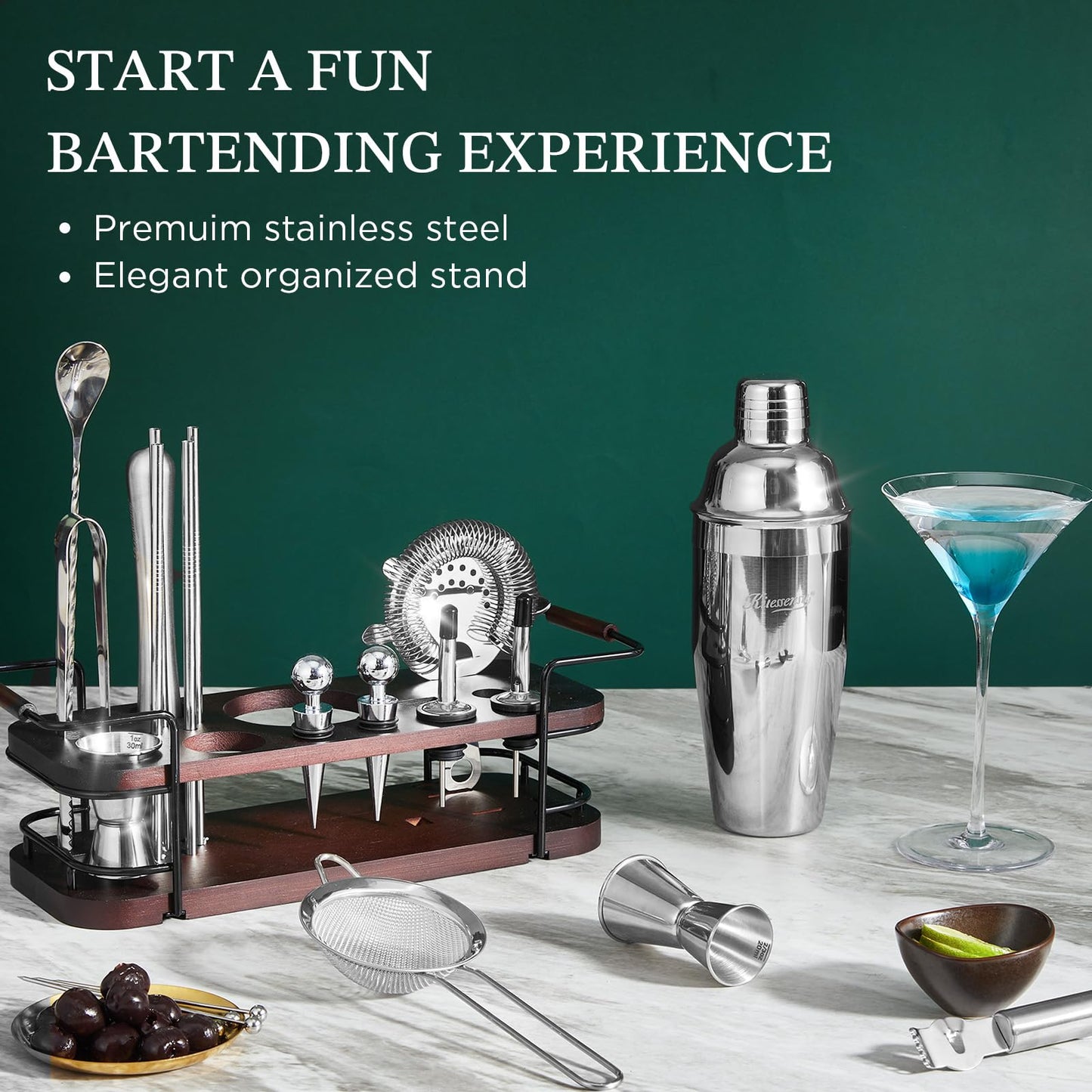 KITESSENSU Cocktail Shaker Set Bartender Kit with Stand | Complete 24-Piece Bar Set Cocktail Kit with All Bar Accessories: Martini Shaker, Jigger, Muddler | Drink Mixer Set for Home Bar Cocktails