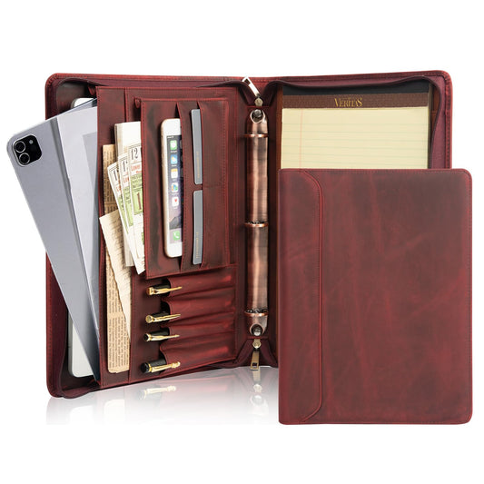 AZXCG Leather Portfolio Organizer, 3 Ring Binder Padfolio Folder, Resume Zippered Folio for A4/Letter Size Notepad, Business Binder Portfolio with Zipper for 13" Laptop, Gift for Women, Red