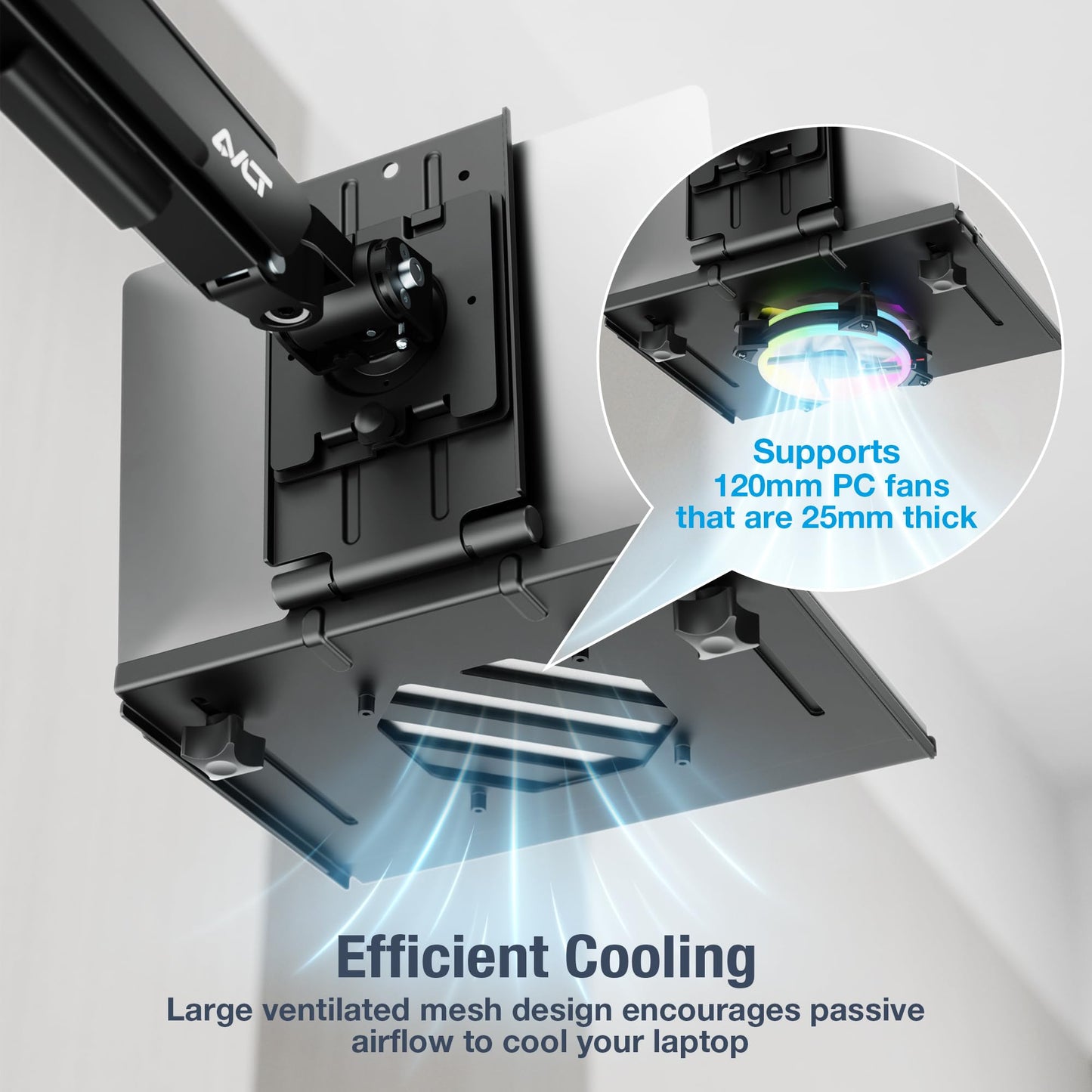 AVLT Adjustable Laptop Tray with Support for 120mm Fans Compatible with VESA 75x75 Monitor Arm - Suitable for Laptops Up to 17Inch - Weighs 4.41lbs, Black (Fan Not Included)