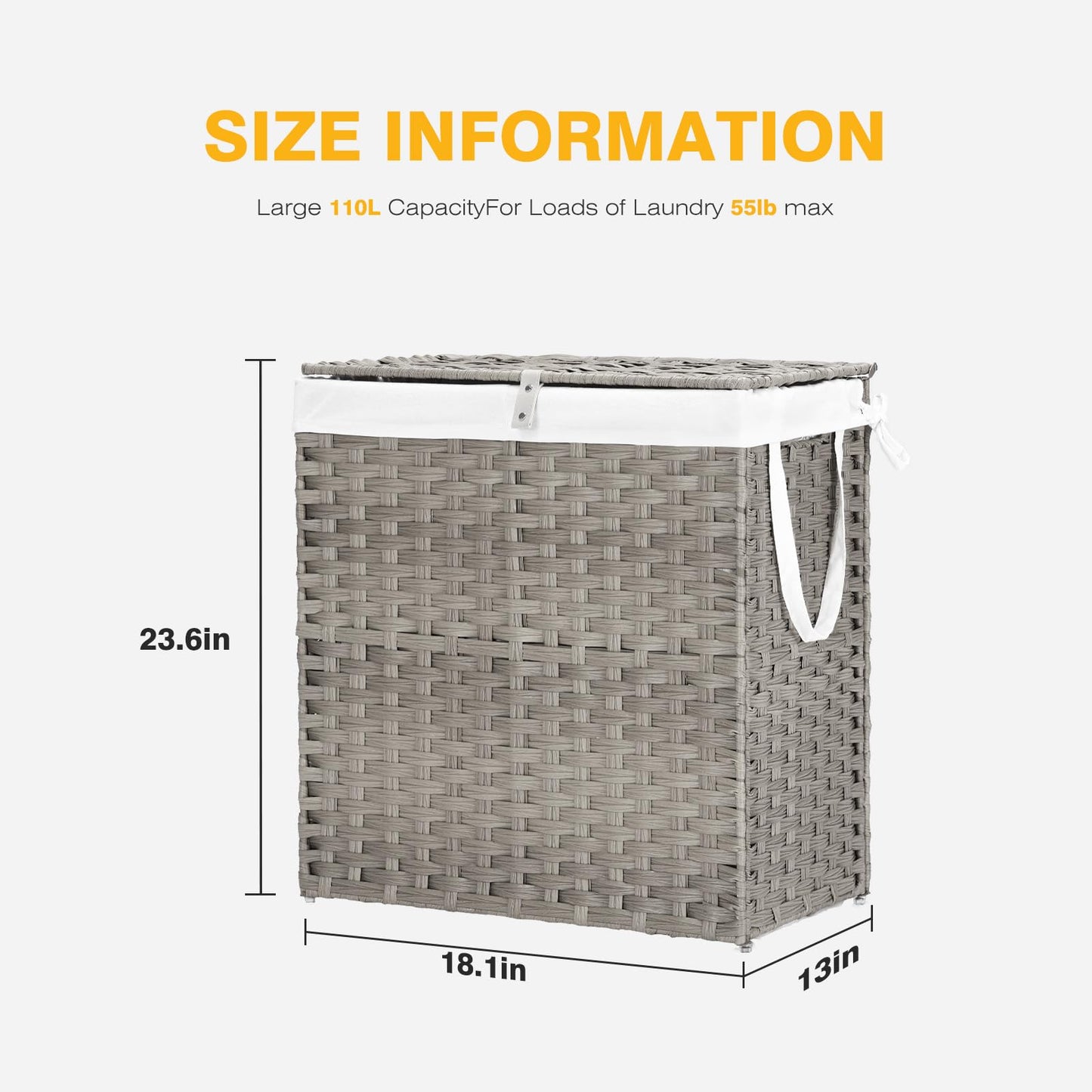 NEWBULIG Laundry Hamper with Lid, 29 Gallon (110L) Wicker Clothes Basket, Double Woven Clothes Basket Organizer for Bedroom, Bathroom & Laundry Room, Grey