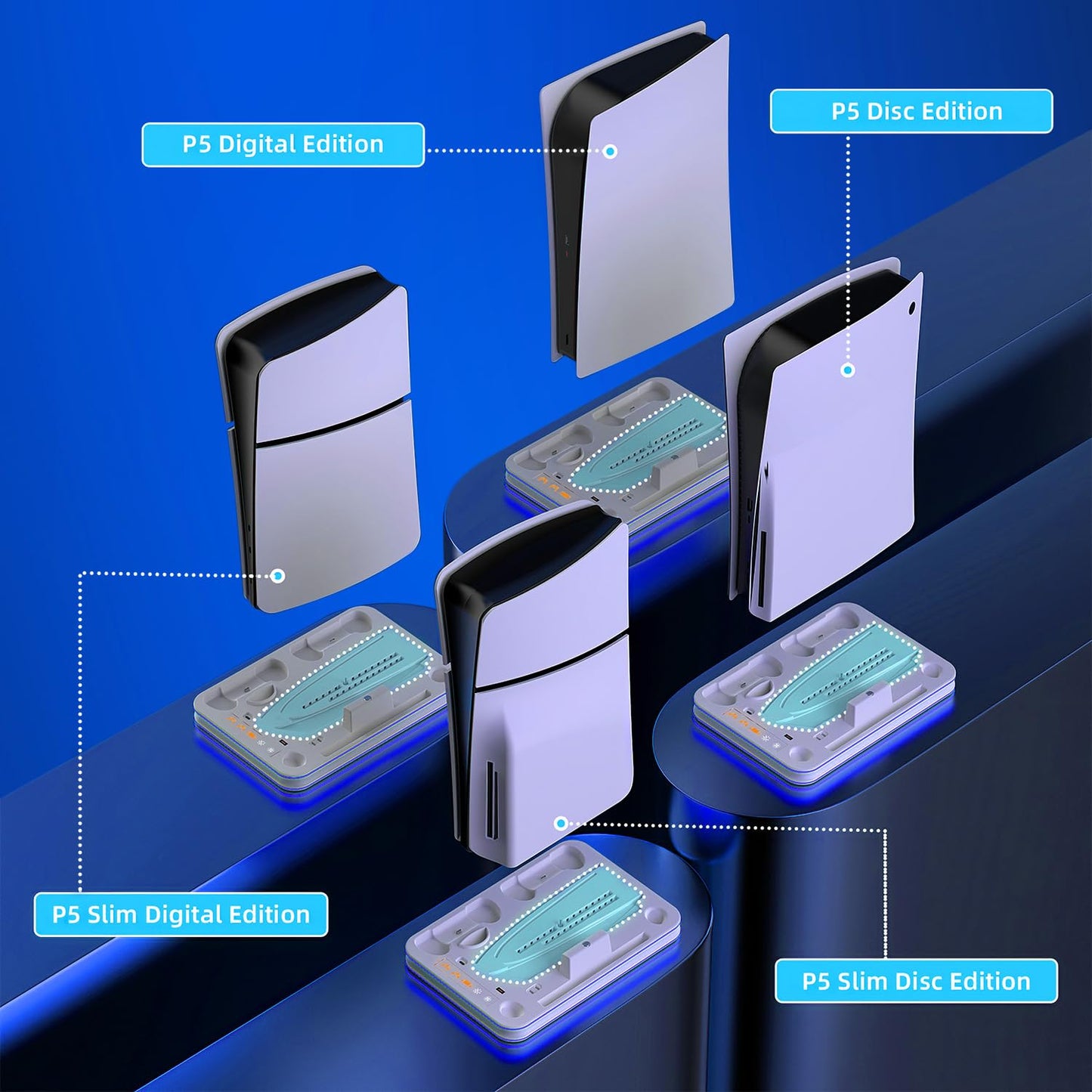 Sehawei PS5/PS5 Slim Stand and Cooling Station with RGB Lighting and 3 Level Cooling Fan,Charging Dock for PS5 Edge Controller and PS Portal,Remote Control and Headset holders,PS5/PS5 Slim Accessories