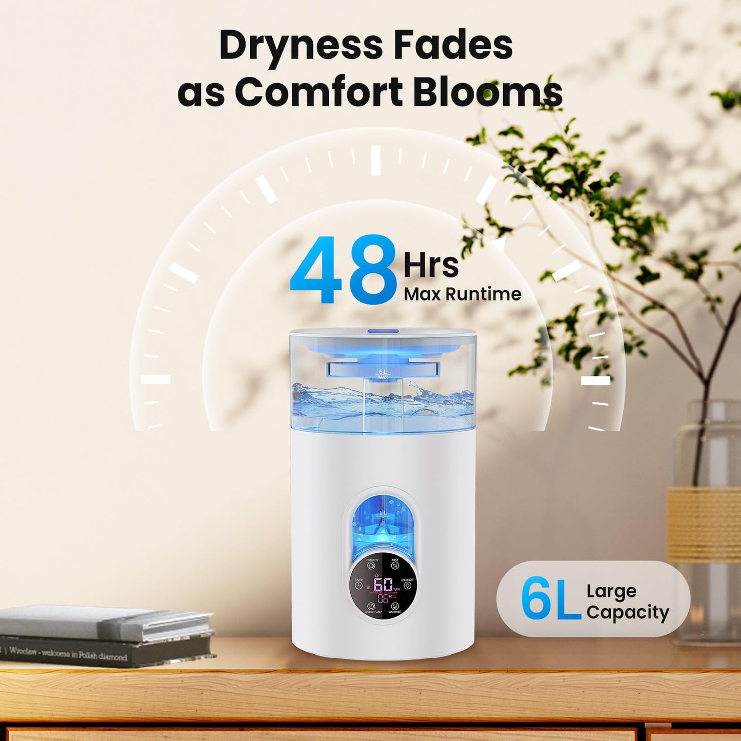 Humidifiers for Bedroom Large Room Home - GloryAir 6L Quiet Top Fill Cool & Warm Mist Humidifier with Smart Humidity Control, Remote Control, 7-Color Light, Humidistat, Oil Diffuser