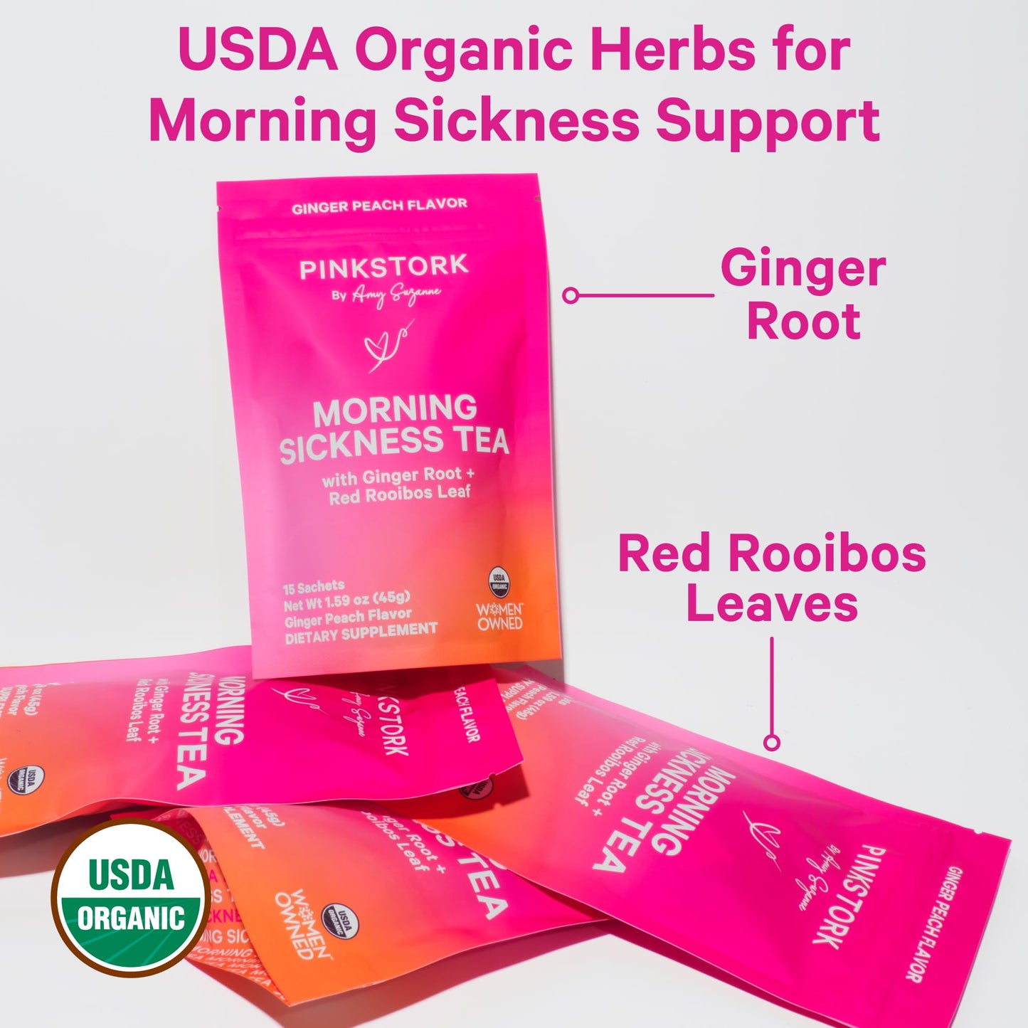Pink Stork Morning Sickness Bundle with Organic Ginger Peach Tea and Sweets, Supports Morning Sickness for Pregnant Women, Digestion, and Motion Sickness, 1st Trimester Pregnancy Must Haves, Set of 3