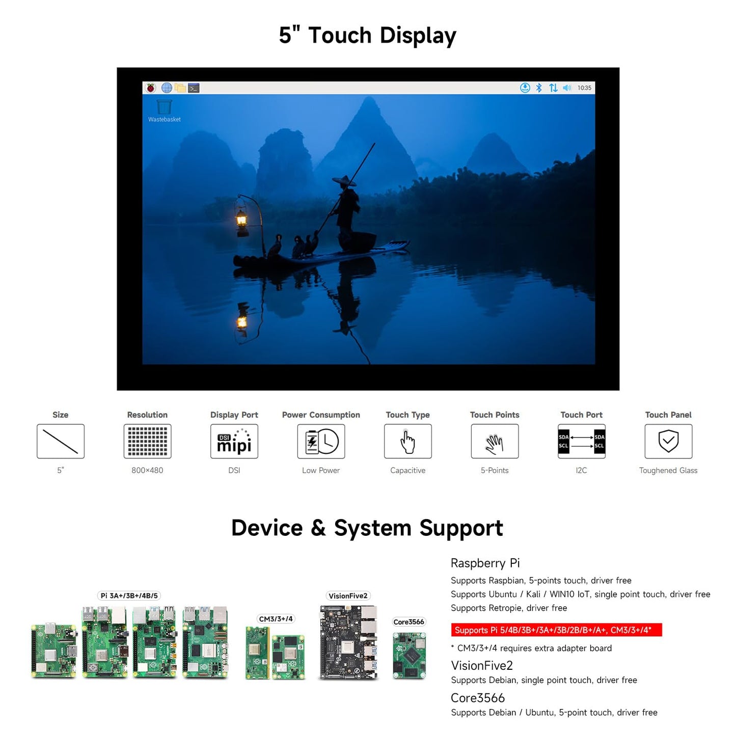 waveshare 5inch Capacitive Touch Display Compatible with Raspberry Pi 5/4B/3B+/3A+/3B/2B/B+/A+/CM3/3+/4 800×480 Resolution DSI Interface