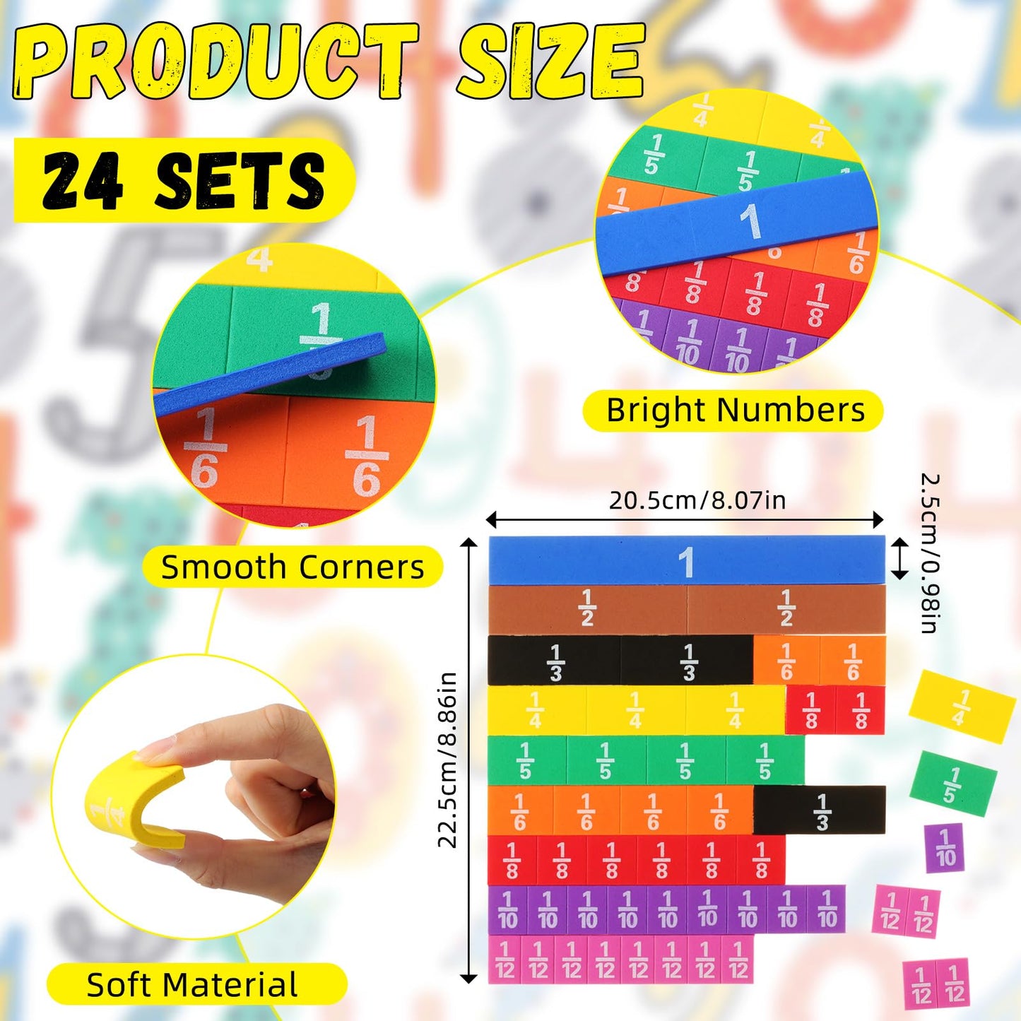 Sayglossy 24 Sets Fraction Tiles Set for Math Classroom Fractions Manipulatives Math Learning Manipulatives for Home School Supplies