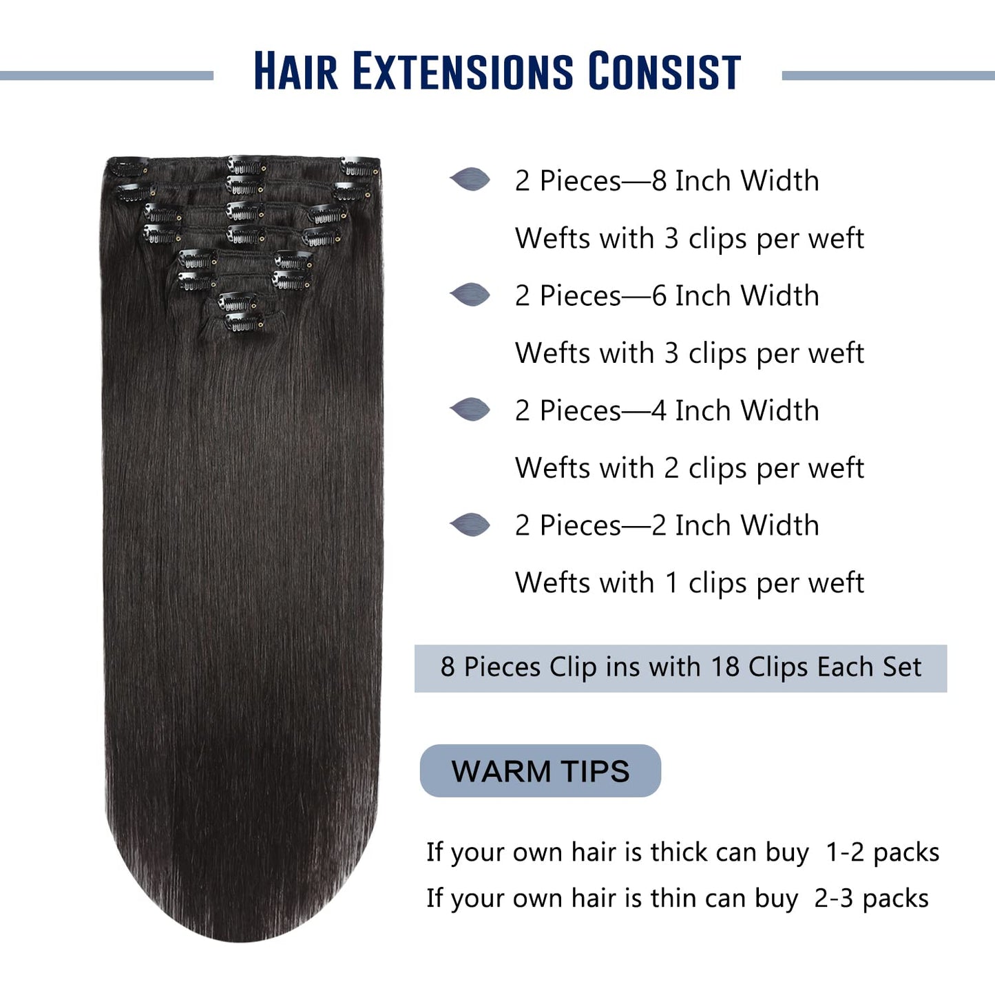Sunya Clip in Hair Extensions Real Human Hair Natural Black Human Hair Clip in Extensions Double Weft Human Hair Clip ins Straight Hair Extensions Clip ins 18 Inch #1B 8Pcs/120g