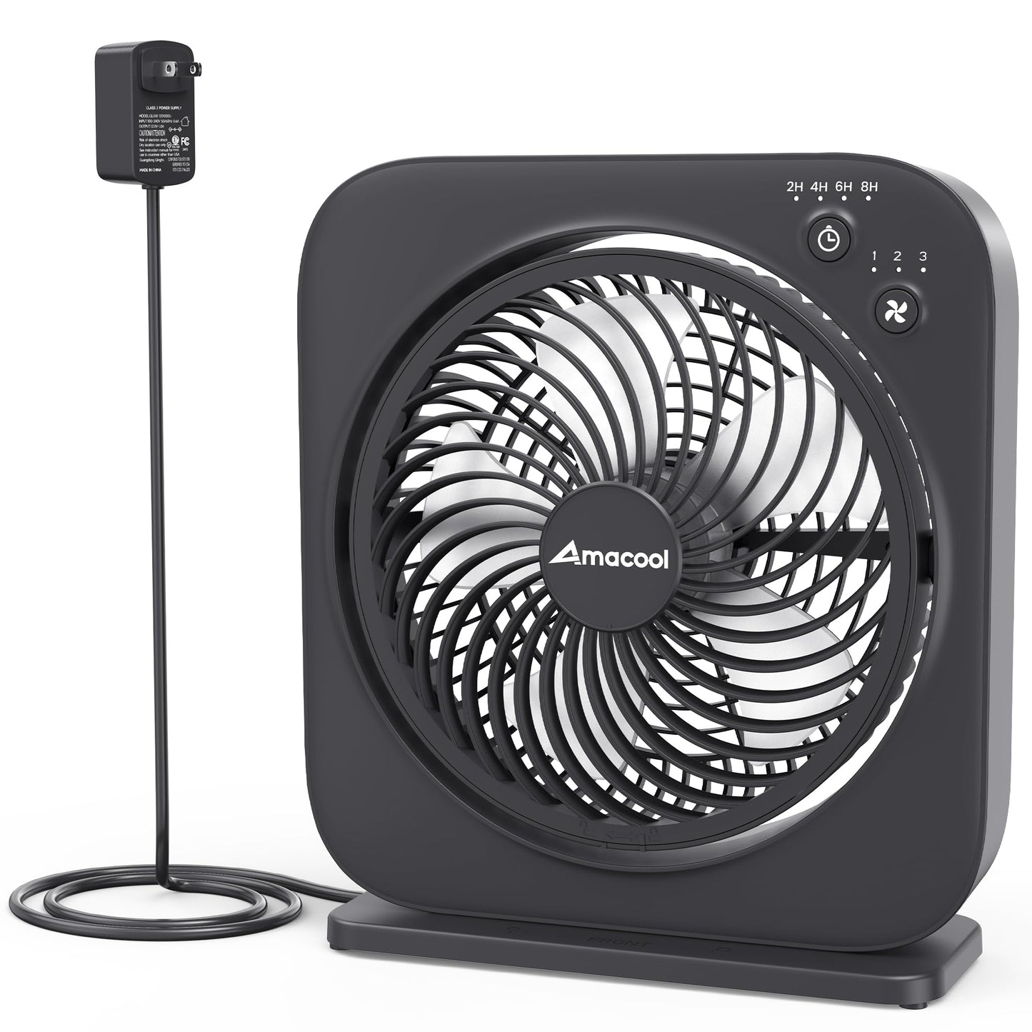AMACOOL Table Fan, 12 inch Box Fan with 3 Adjustable Speeds & 8HRS Timer, 270° Pivoting Quiet Air Circulator, Desktop Fan for Bedroom Bathroom Kitchen Office, AC Adapter Included-Black