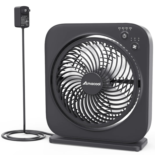 AMACOOL Table Fan, 12 inch Box Fan with 3 Adjustable Speeds & 8HRS Timer, 270° Pivoting Quiet Air Circulator, Desktop Fan for Bedroom Bathroom Kitchen Office, AC Adapter Included-Black