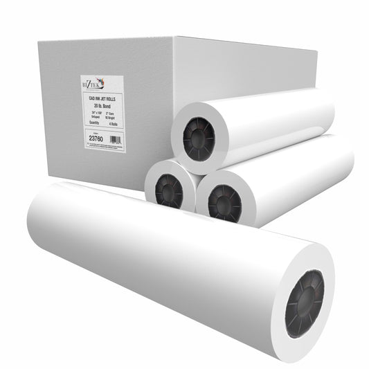BIZTEK Wide Format Paper 24 x 150 CAD Bond Rolls 2" Core 20lb, Case | 4 Rolls