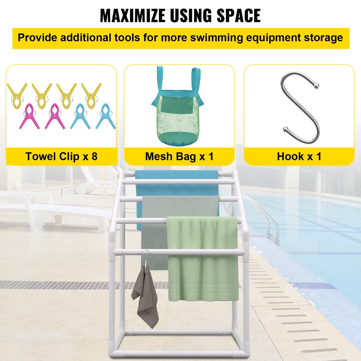 VEVOR Pool Towel Rack, 5 Bar, White, Freestanding Outdoor PVC Trapedozal Poolside Storage Organizer, Include 8 Towel Clips, Mesh Bag, Hook, Also Stores Floats and Paddles, for Beach, Swimming Pool