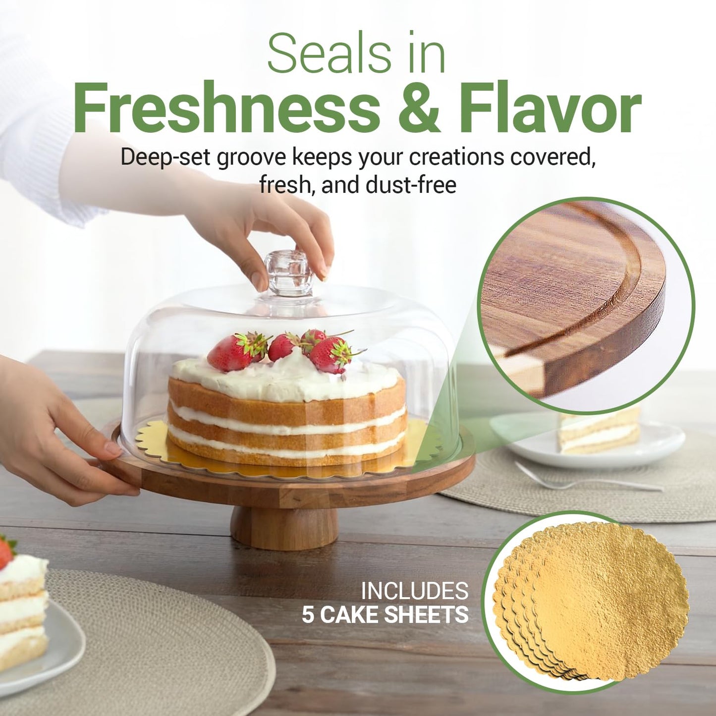 Linda’s Essentials Acacia Wood Cake Stand with Lid (Acrylic) 12 Inch Round Cake Holder Stand with 5 Bonus Cake Sheets, 2-in-1 Wooden Cake Stand with Dome & Charcuterie Board for Cheese, Cake Plate