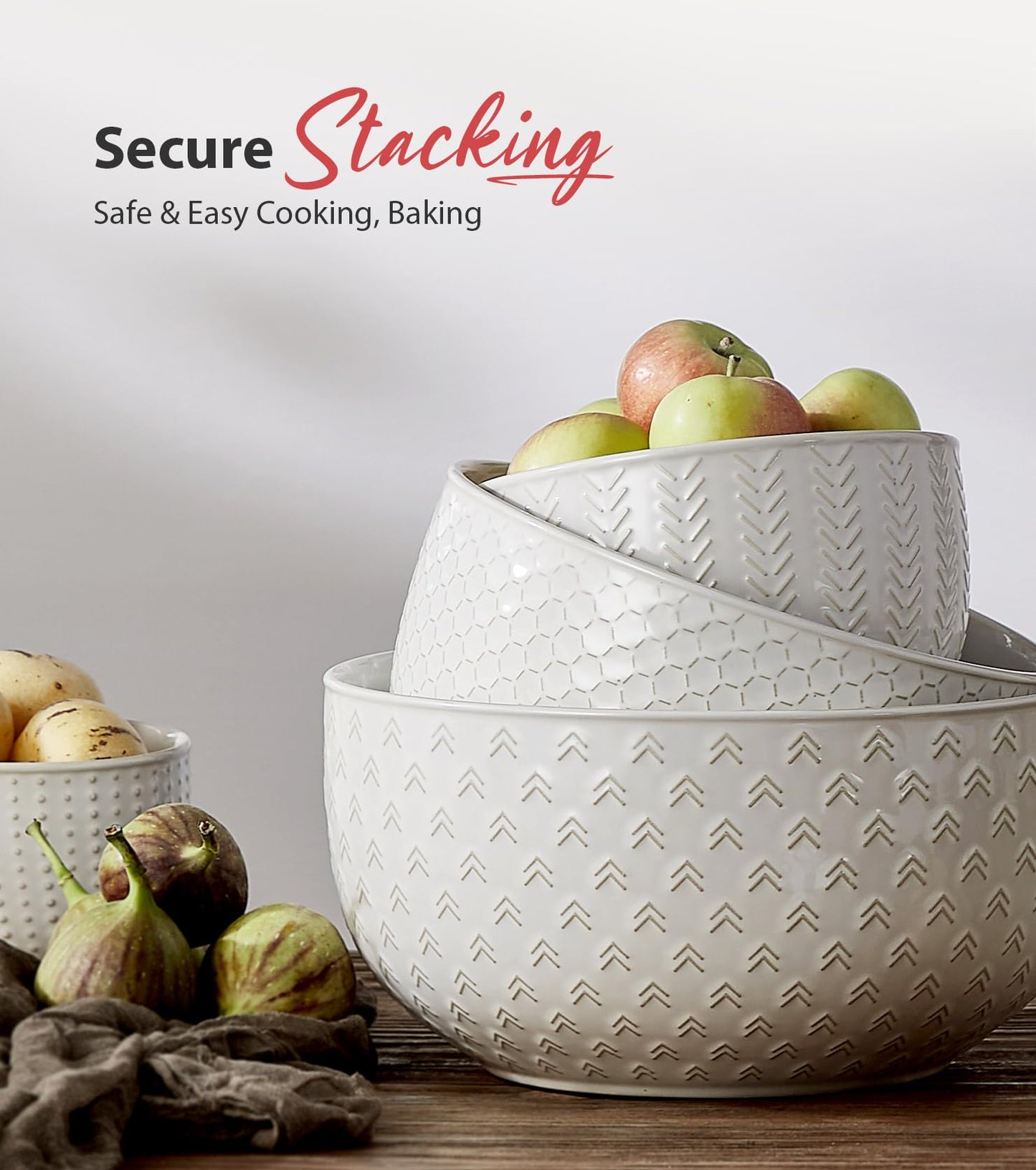 Lareina Ceramic Large Mixing Bowls Set of 4, Nesting Bowls for Cooking, Baking, Salad Etc, Serving Bowls Gift, Kitchen Stoneware, Oven, Microwave and Dishwasher Safe - 20/44/98/145 OZ, Ivory White