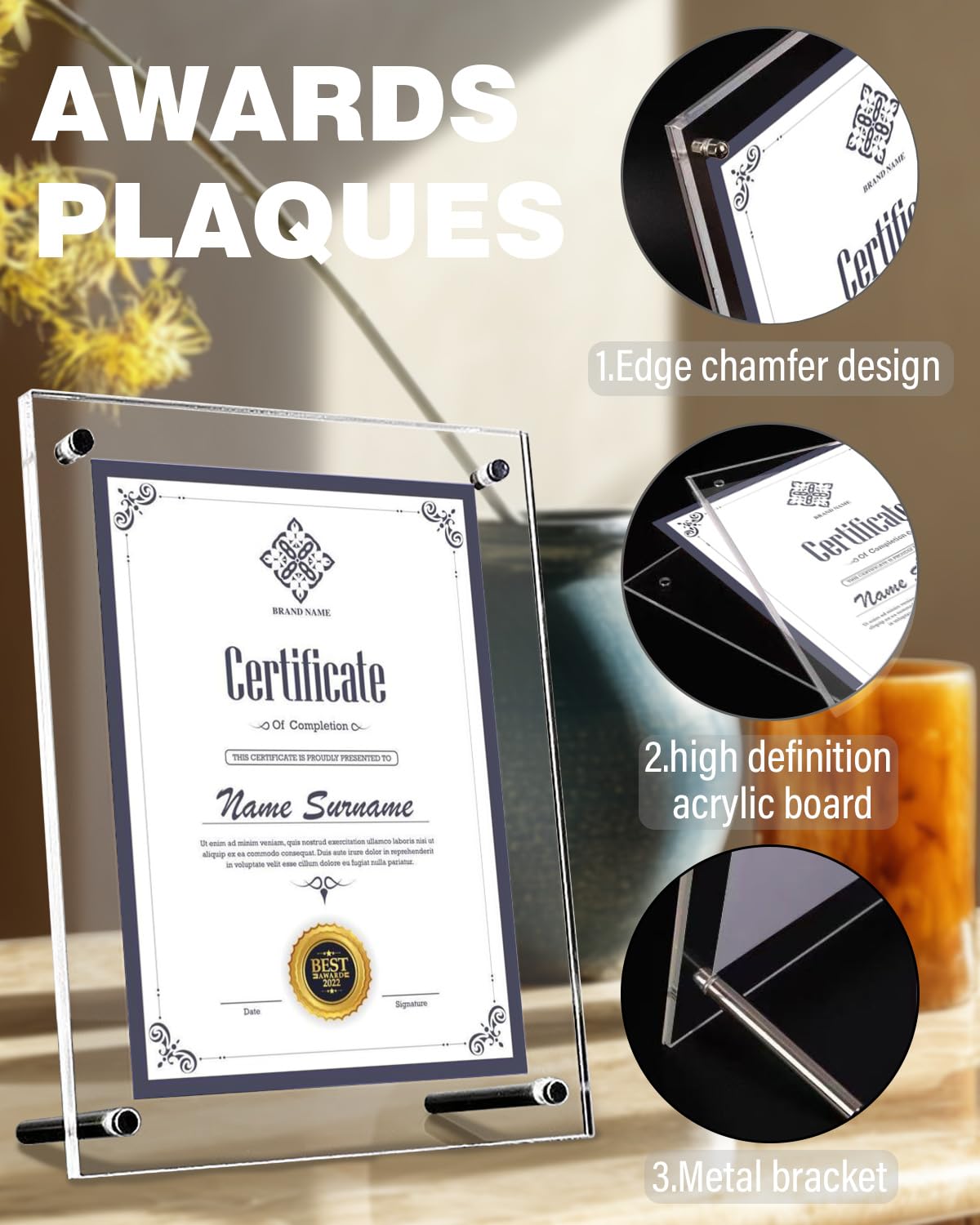 GooodiderX 2PCS Award Plaques,13 x 9.5 in Acrylic Certificate Frame,Employee of The Month Plaque,Picture Plaques Holds A4 Size Paper,Placed Your Award,Diploma Certificate (Acrylic Plaque 2pcs)
