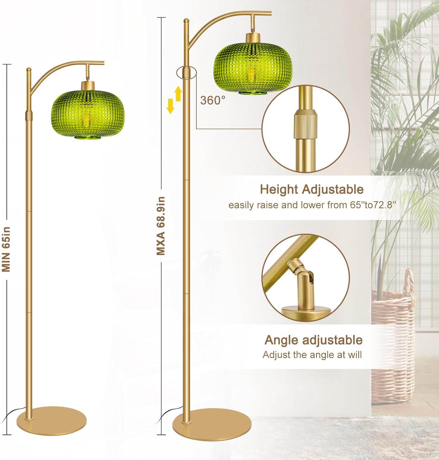 Duoled Modern Floor Lamp for Living Room, Mid Century Tall Standing Lamp Green Glass Lamp Shade, Dimmable Gold Tall Pole Lamp for Bedroom Office with Remote, 1 x 12W LED Edison Bulbs Included