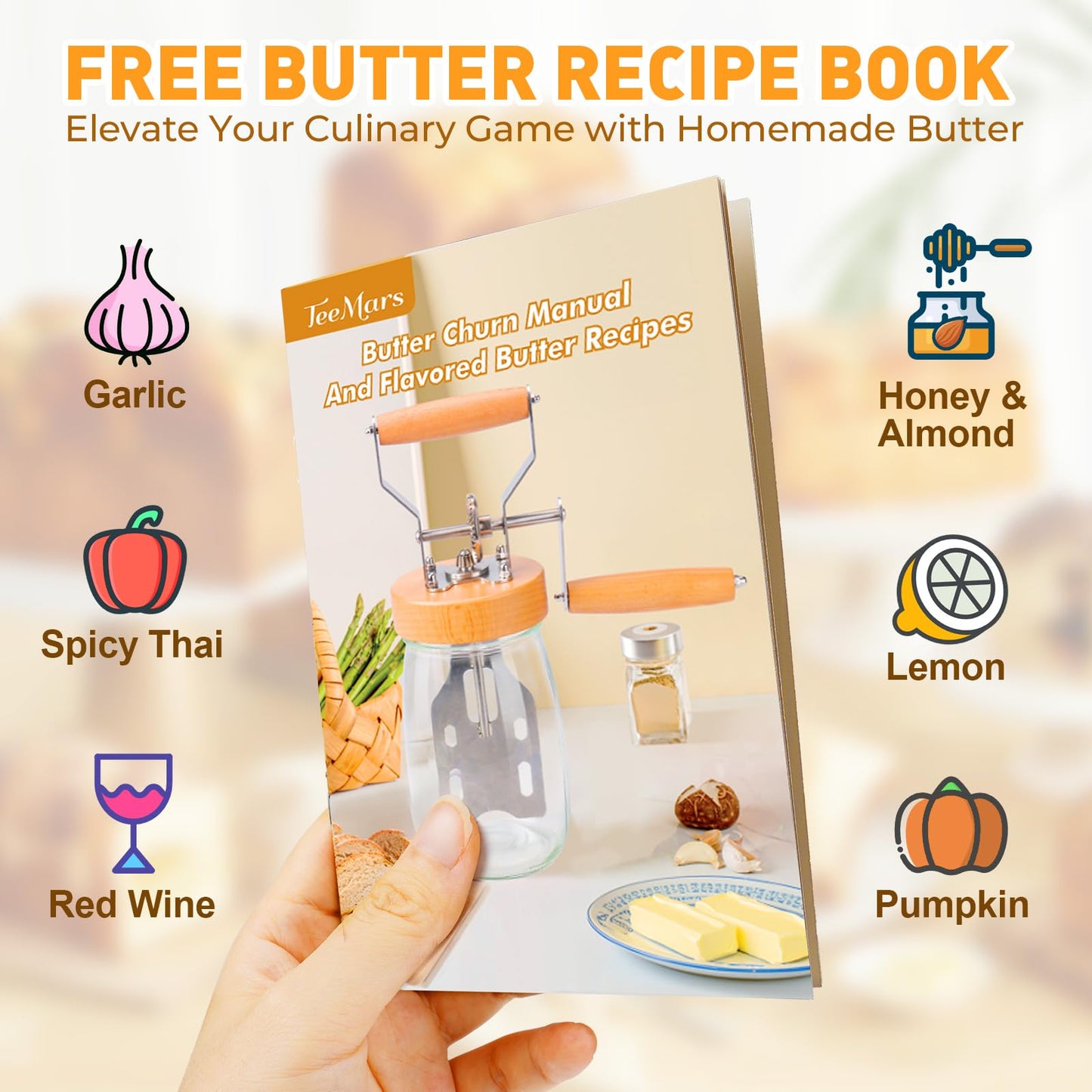 TeeMars Butter Churner - Upgraded Hand Crank Mason Jar Butter Churn, 34oz Butter Churn Kit with 14 Recipe, Butter Paddle, Butter Mold with Lid, Cheese Cloth, Anti-slip Mat, Homemade Butter in 15Min