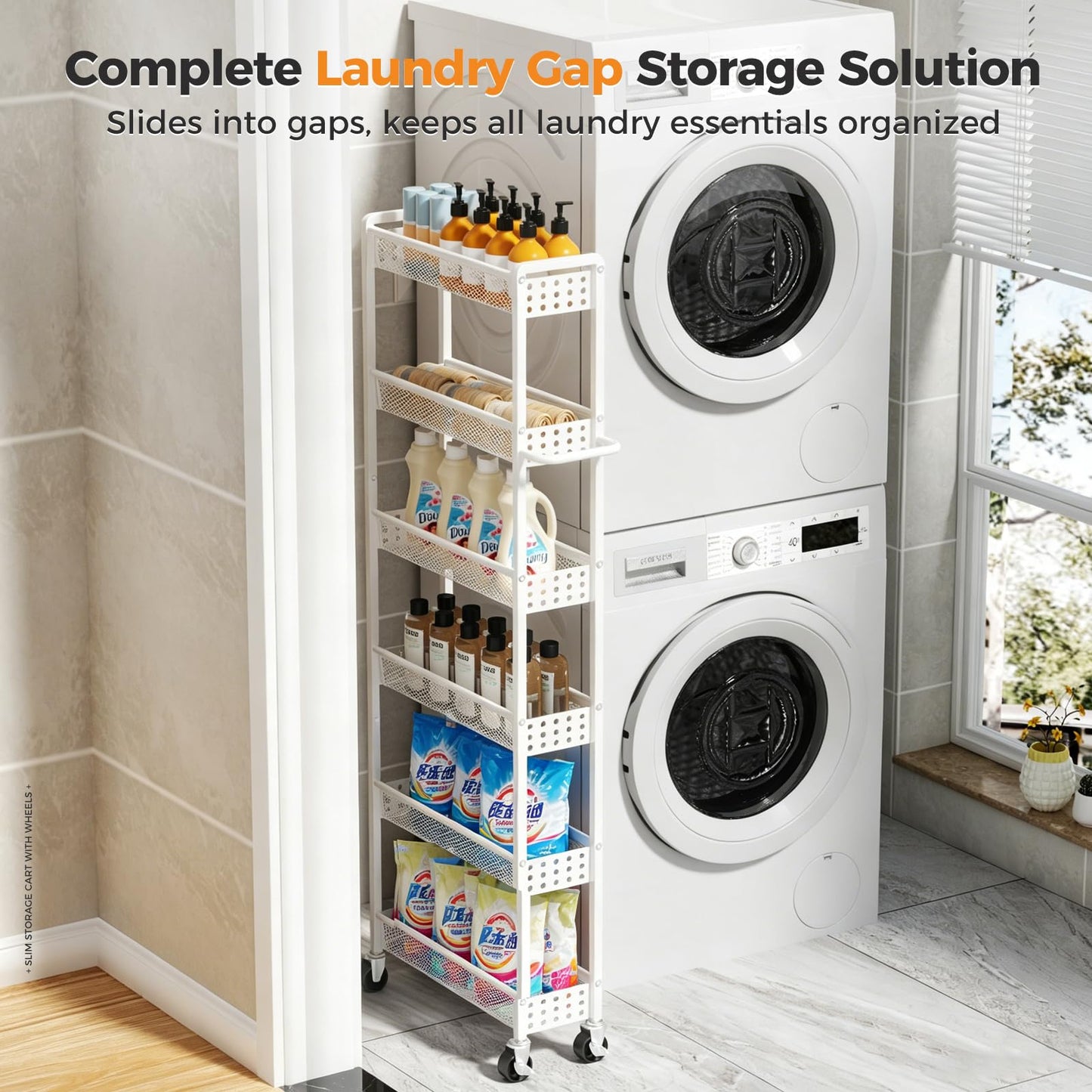 Xpatee 6 Tier Slim Storage Cart with Wheels, 6" D Rolling Storage Cart for Small Space, Metal Narrow Spice Cabinet Mobile Shelving Unit Organizer with Handle for Kitchen, Laundry - White