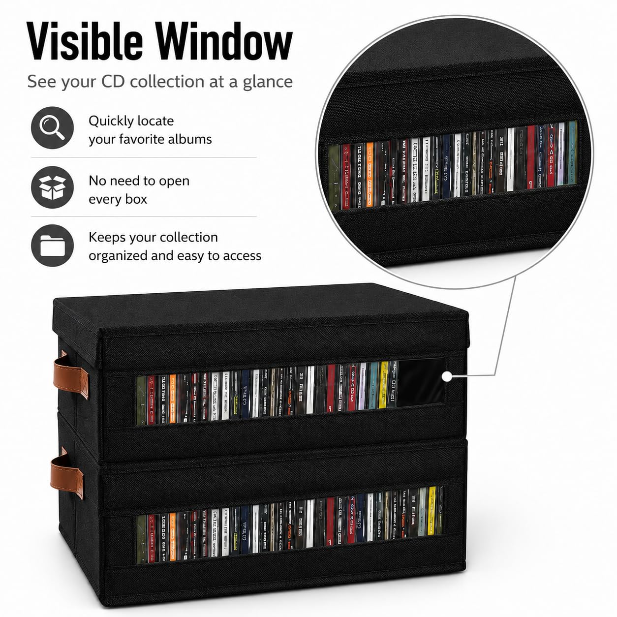Coorganisers 4 Packs CD Storage Box with Visible Window, Stackable CD Case Holder with Dustproof Lid and Handles, Holds Up to 148 CDs in Full Jewel Cases-15.75 x 6.10 x 5.31 Inches-Black