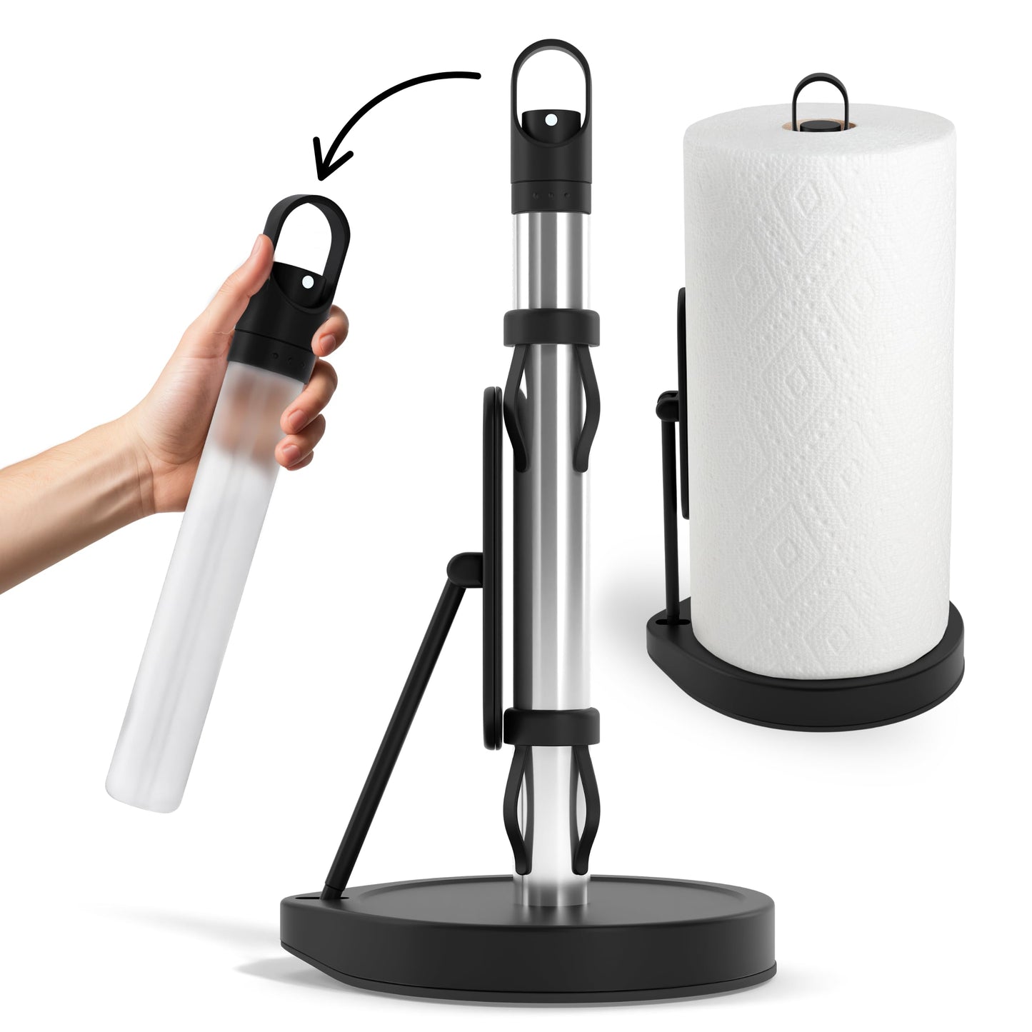 Stainless Steel Paper Towel Holder with Tension Arm and Spray Pump – One-Handed Tear, Smart Traction System, Heavy Duty Suction Cups, Weighted Base, Kitchen Towel Dispenser for Countertop Use (Black)