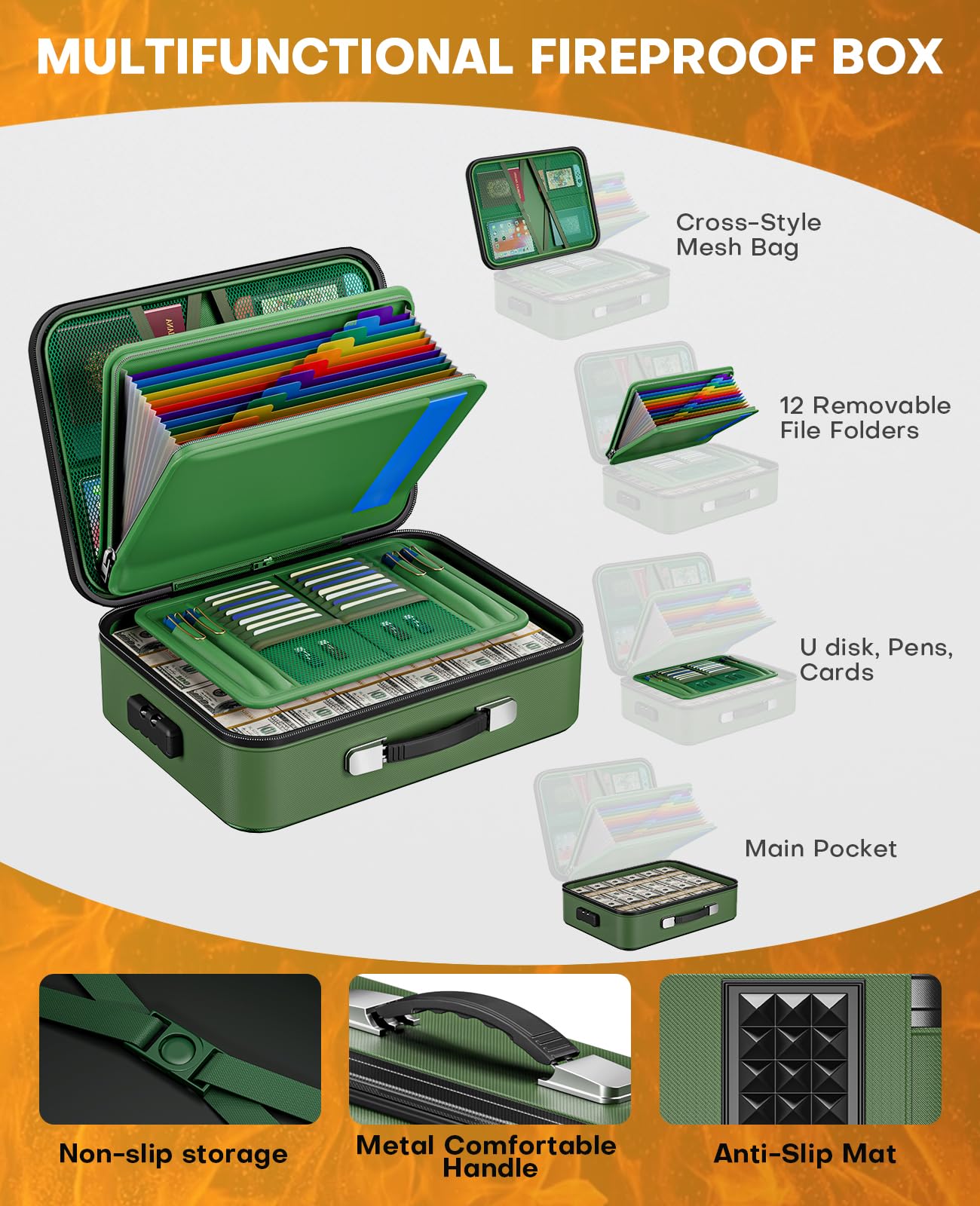 Honlunu Fireproof Document Box, Hard Case Fireproof Document Organizer with Lock, Water Resistant Safe Box for Important Documents Certificates Laptop Passports, Green