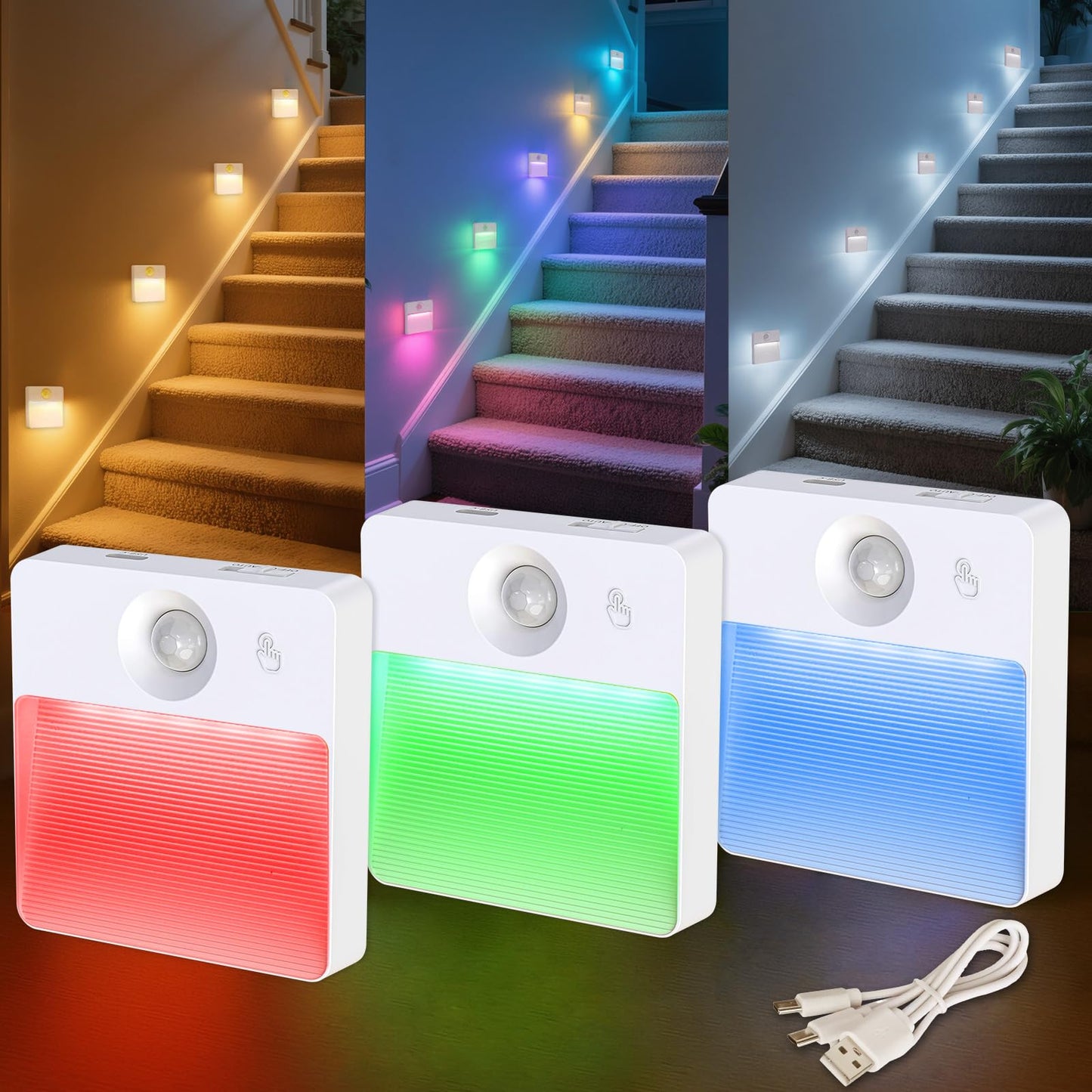 Guankai 16 Pack Rechargeable Motion Sensor Stair Light for Indoor, RGBW Battery Operated Closet Lights, Stick On Night Lamp, Motion Activated Magnetic Lighting Lamps for Step,Cabinet,Hallway,Bathroom