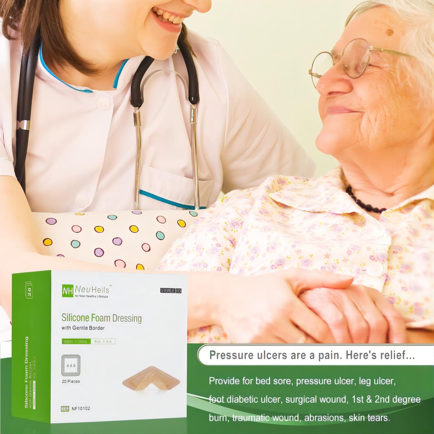 NeuHeils Silicone Foam Dressing with Gentle Border 4''x4'', 20 Pack for Bed Sore Leg Ulcer, High Absorbency Large Waterproof Silicone Wound Bandage