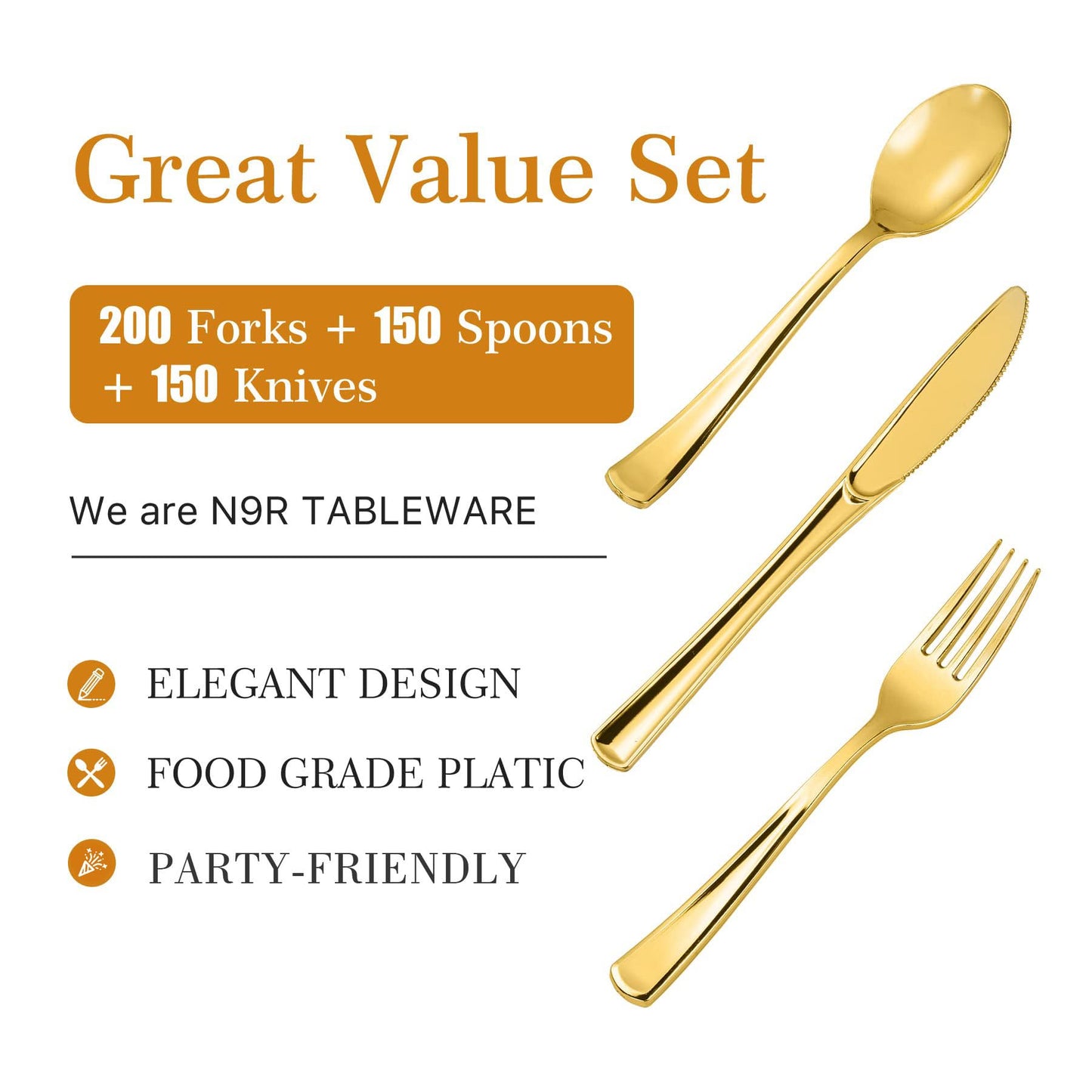 N9R 500PCS Gold Plastic Silverware - Gold Plastic Cutlery Set Disposable Flatware Dinnerware -200 Forks, 150 Spoons, 150 Knives for Party, Birthday, Wedding Utensils