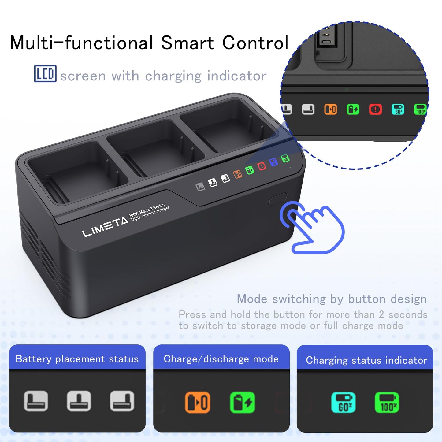 200W Mavic 3/3 Pro Intelligent Battery Fast Charger Hub,for DJI Mavic 3/3 Pro/Thermal/Classic/RC Controller Drones Accessories,Three-Channel Parallel,with Discharge/Storage/Battery Equalization/LED