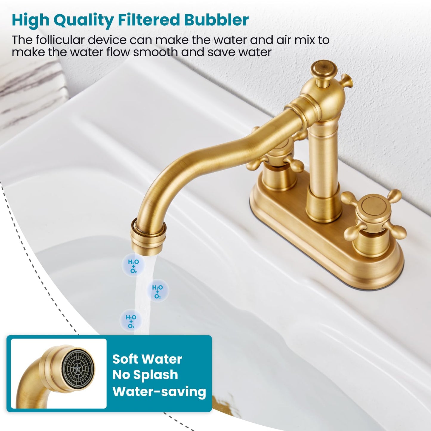 Gotonovo Antique Brass 2 Hole 4 Centerset Bathroom Sink Faucet with Double Cross Handles Deck Mounted Brass Vanity Mixer Tap Utility Include Water Hose, Suitable for 6-12 inch Hole
