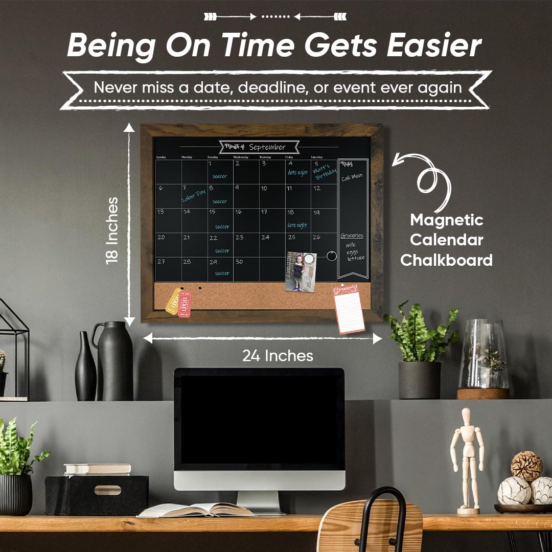 Loddie Doddie Framed Chalkboard Calendar & Bulletin Board - 18 x 24 in, Rustic - Easy-Clean Calendar Chalkboard - Menu Board for Kitchen - Magnet Display