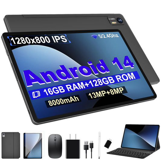 Android 14 Tablet with Keyboard，16GB RAM 128GB ROM 1TB Expand, 8000mAh Battery, 10.1 Inch Tablet with 13MP+8MP Camera/Bluetooth/GPS/WiFi/HD Display (Dark Gray)