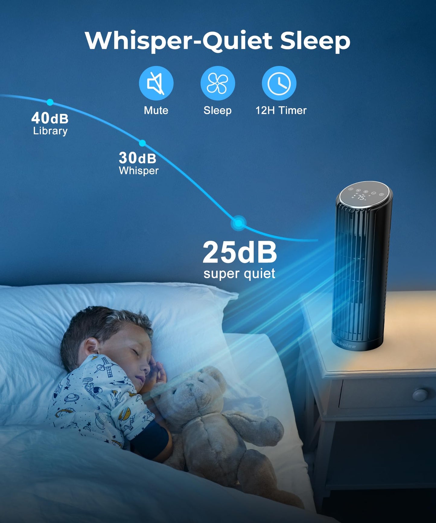 Abolee Tower Fan for Bedroom, 23ft/s Desk Fan with Remote, 70° Oscillating Desk Fan, 4 Speeds, 4 Modes,12Timer, 13'' Bladeless Portable Fan for Bedroom Office Home Black