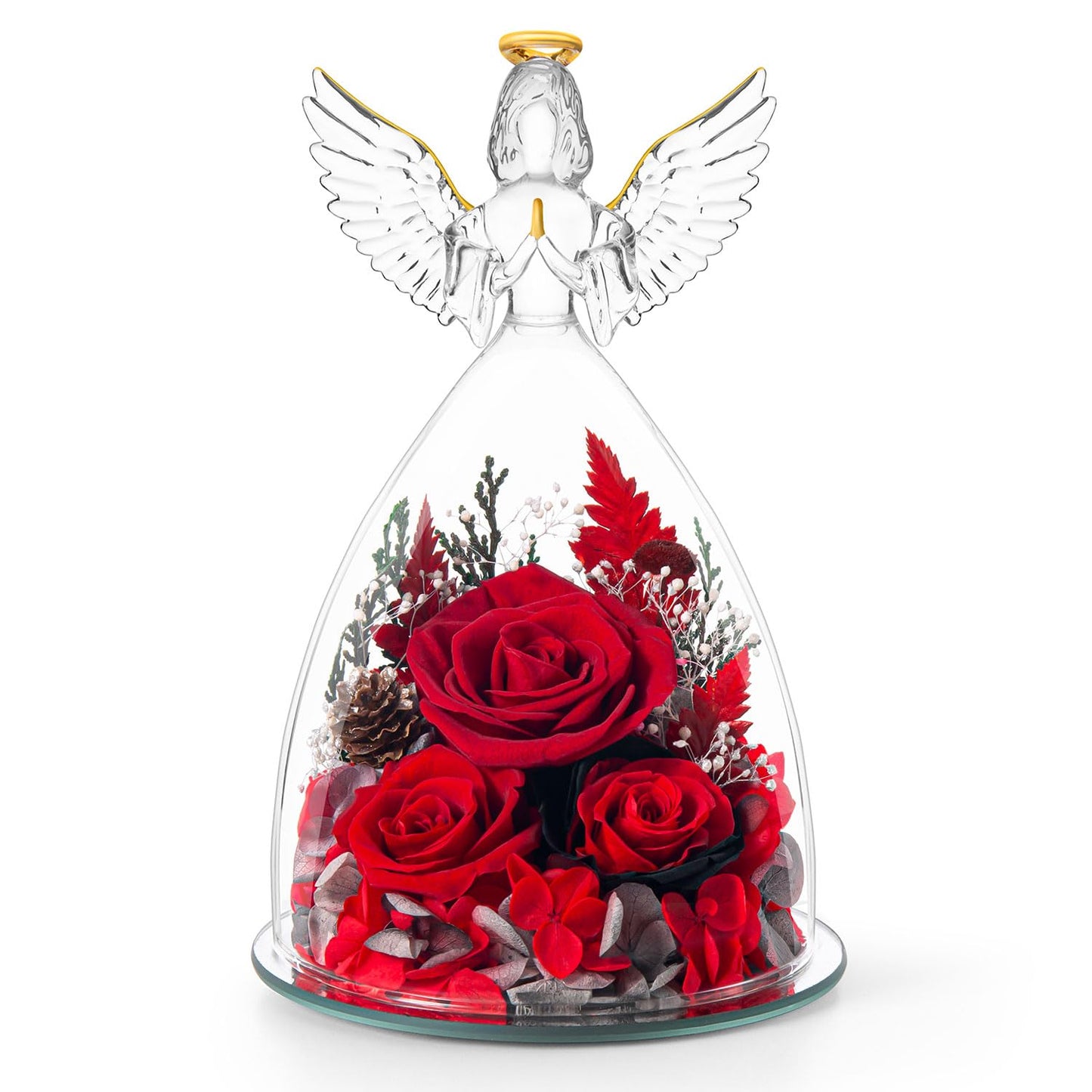 AIMEYE Birthday Gifts for Wife and Girlfriend, Red Preserved Roses in Glass Angel Figurine, Romantic Birthday Gift for Her, Love Keepsake