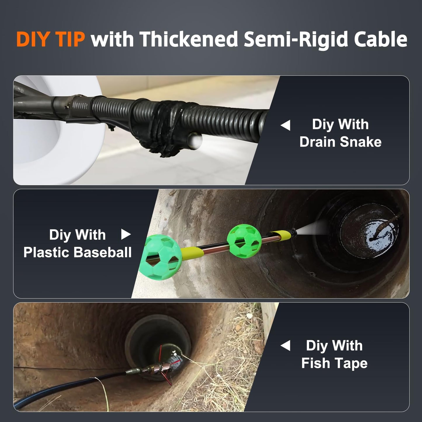 Triple Lens Inspection Drain Camera, 5" IPS Split Screen Borescope with Light & 32GB Card, 1080P HD Sewer Camera 16.5FT Semi-Rigid Cable, IP67 Plumbing Snake Endoscope Probe for HVAC + Case