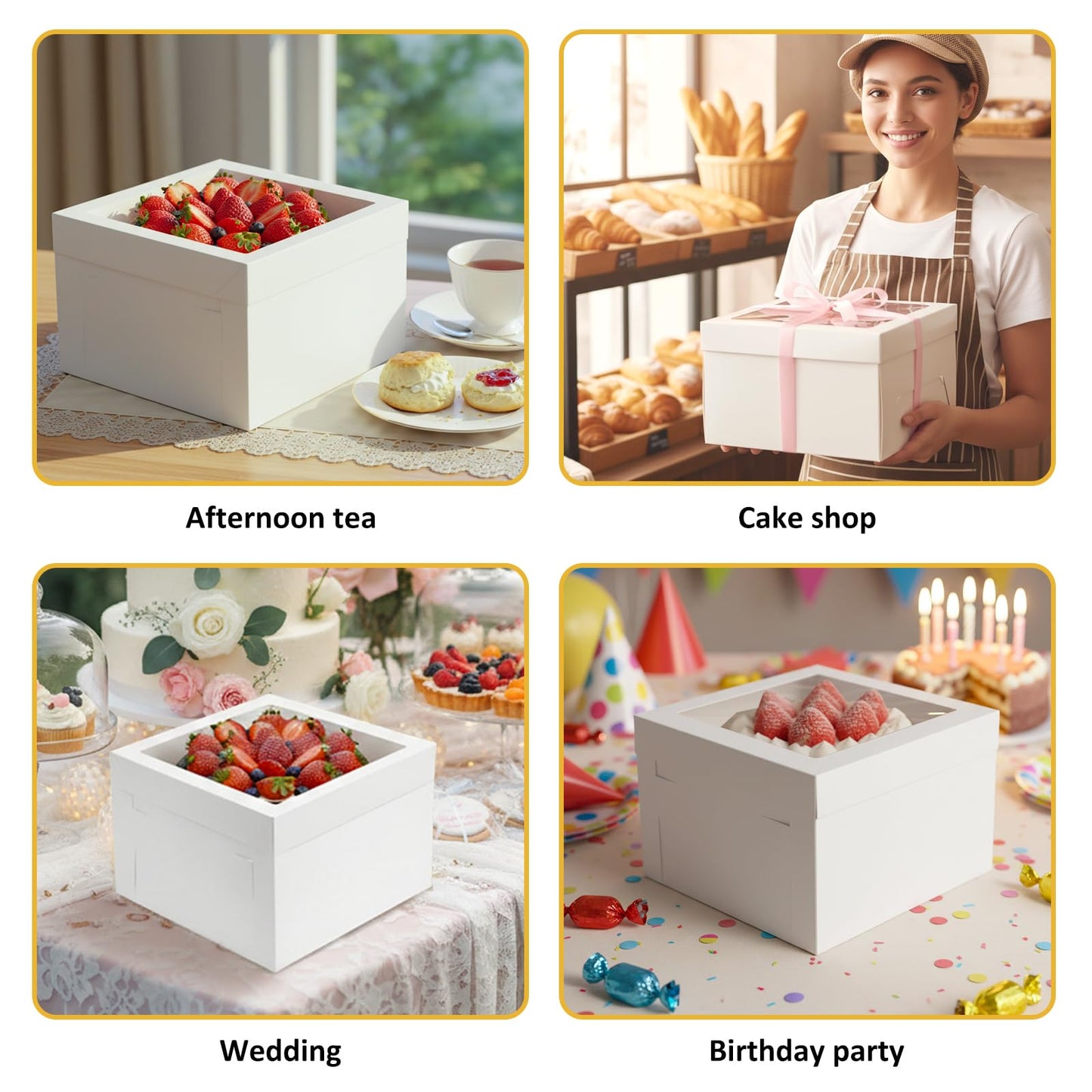 Moretoes 30pcs Cake Boxes 12x12x8 Inch, Bakery Containers with Large Window, 12 Inch White Cake Carrier, Disposable Boxes for Birthday, Party, Cupcake Cookie Pie Pastry