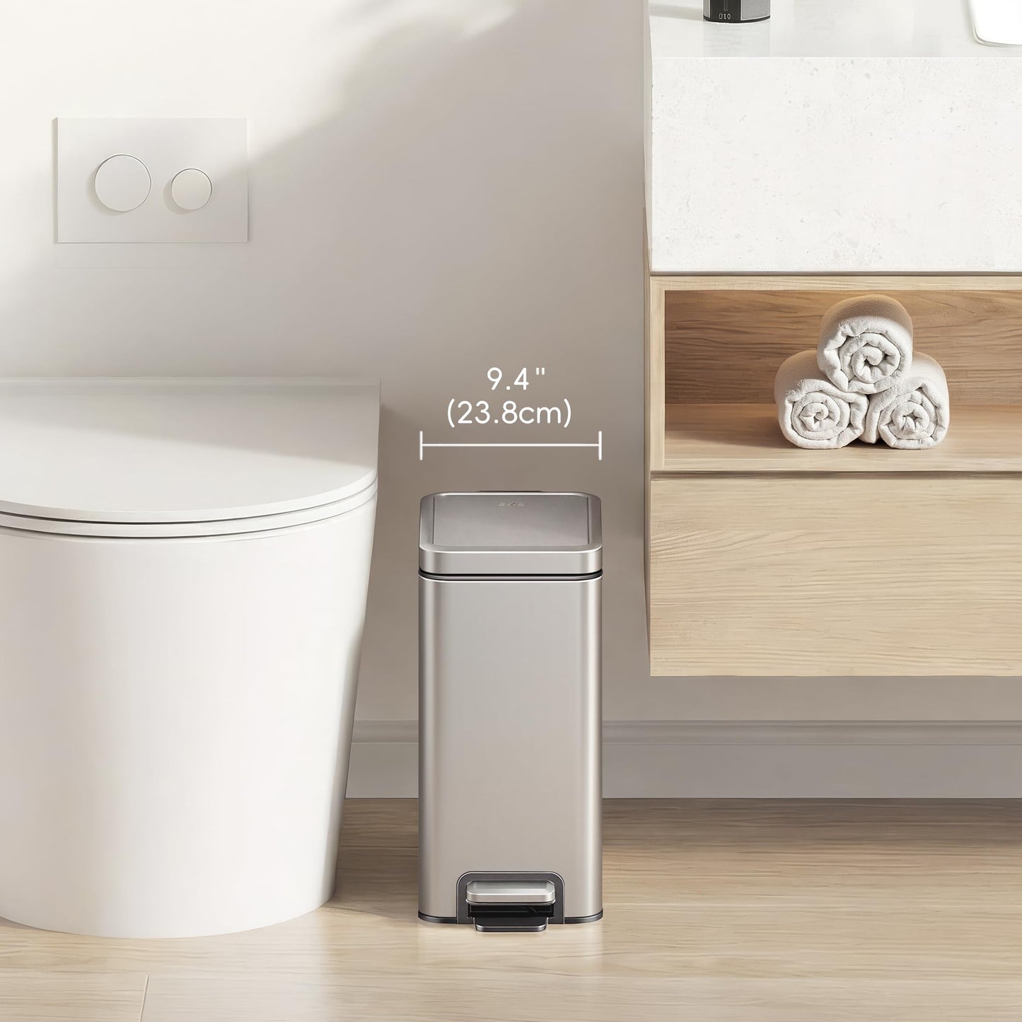 EKO Small Bathroom Trash Can with Lid Soft Close, Step Pedal, 10 Liter / 2.6 Gallon Stainless Steel Garbage Can with Removable Inner Bucket, Anti-Fingerprint Finish (Silver)